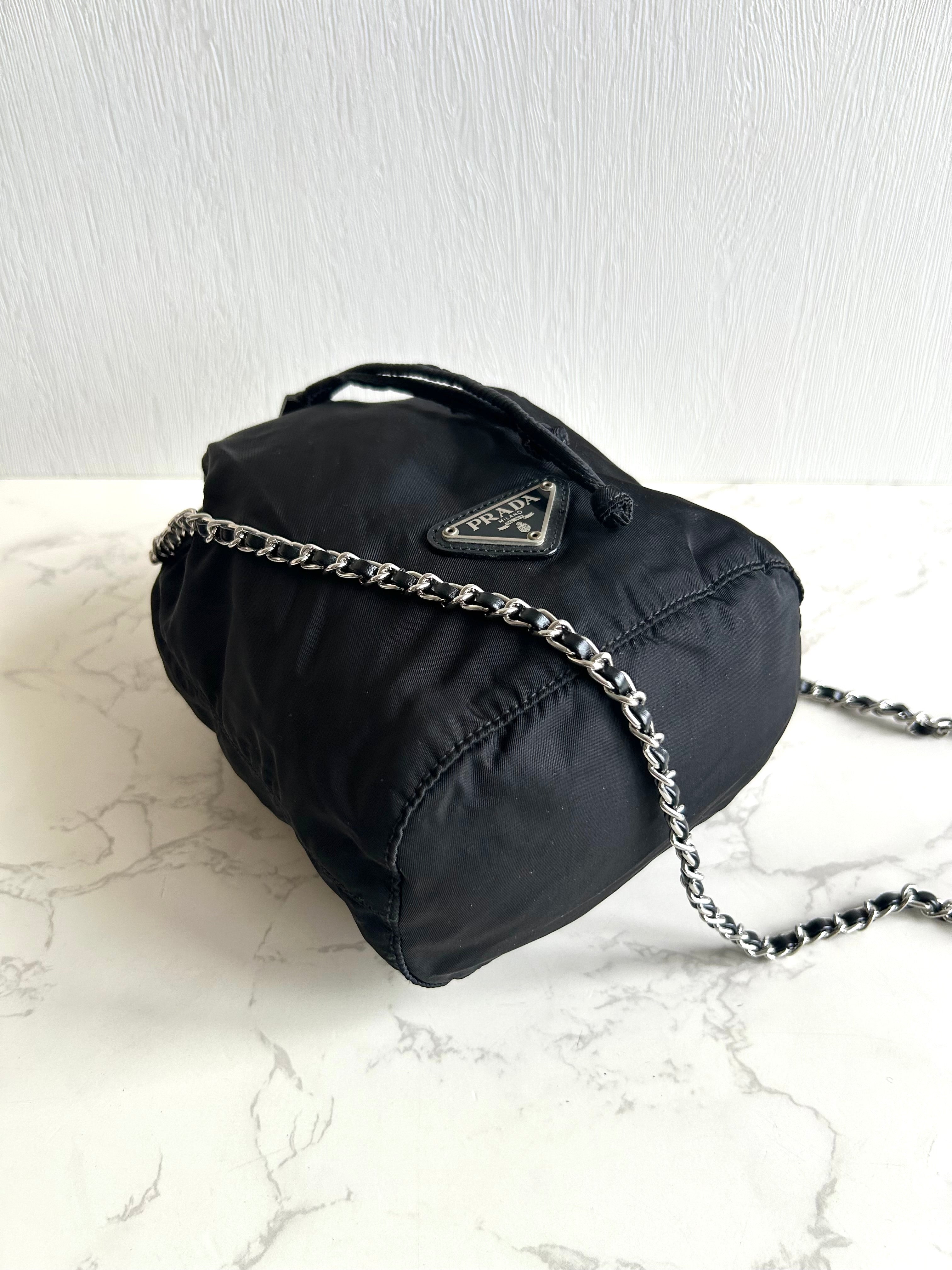 Used Prada Black and Silver Chain Mini Bucket Bag, Shoulder Bag, Crossbody Bag