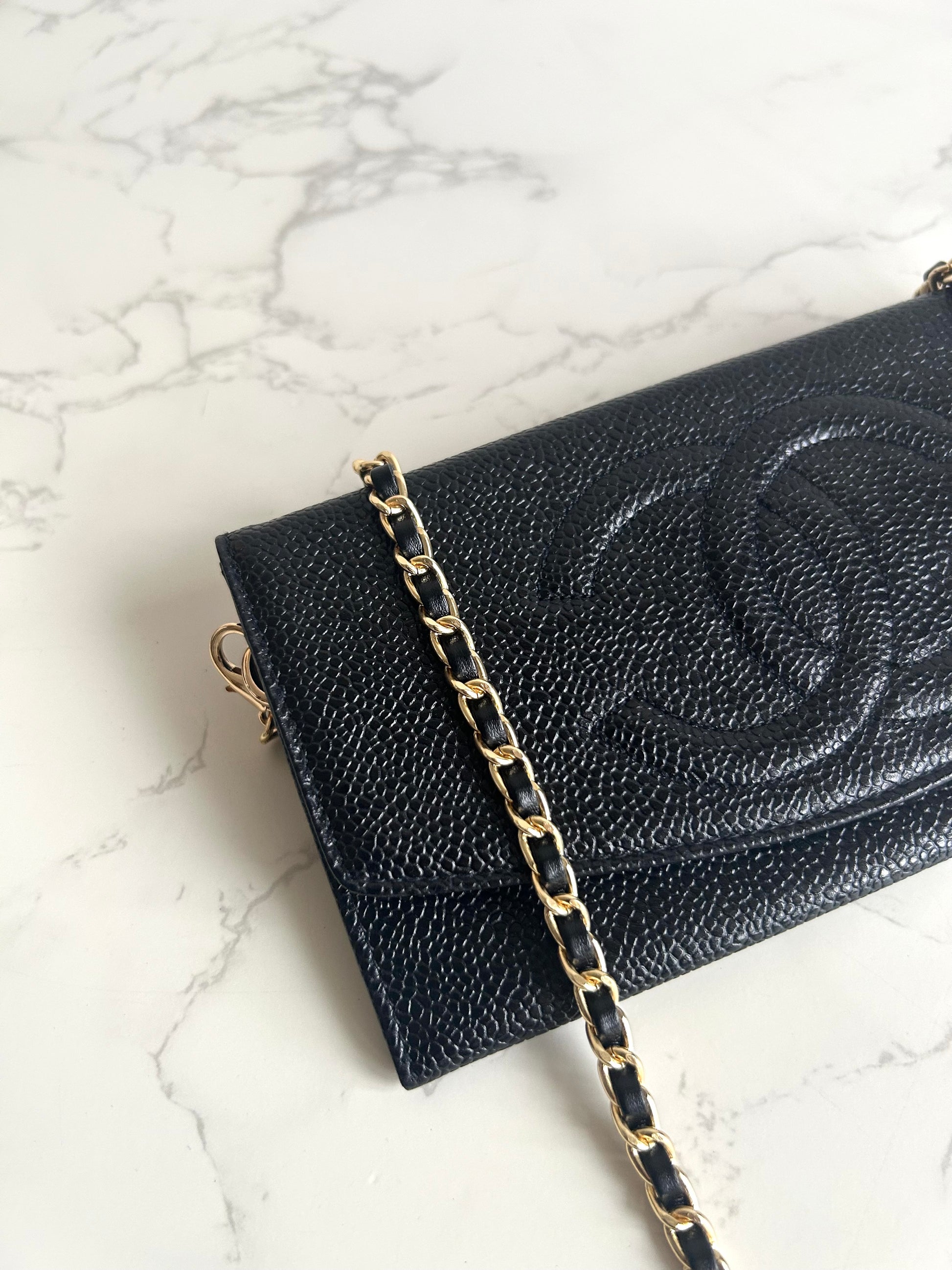 中古二手Chanel黑色魚子醬皮革WOC/側背包/斜背包/錢包