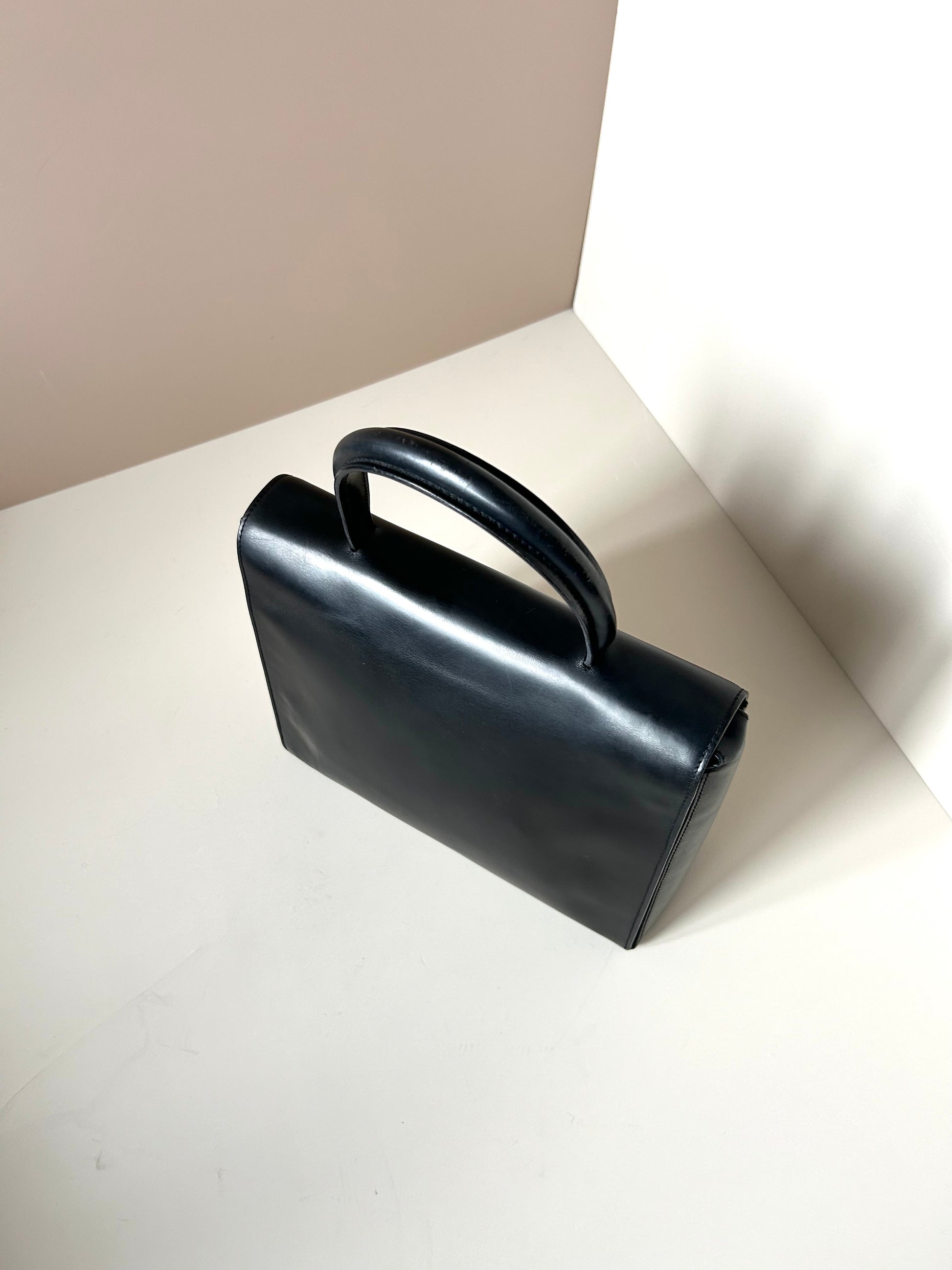 CELINE rare rotating moving gold planet black leather Kelly small bag / handbag