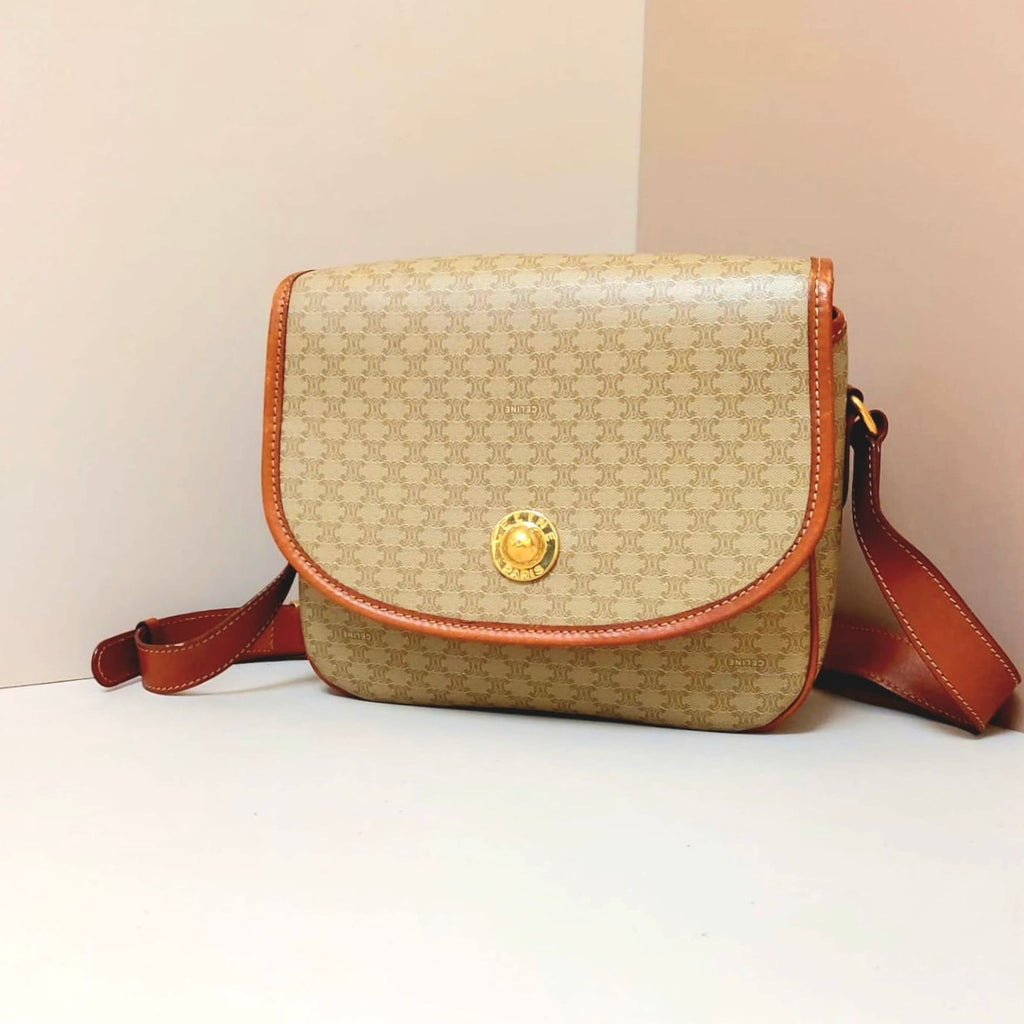 CELINE Rare Planet Beige Old Flower Leather Tofu Small Bag/Side Bag/Short Crossbody Bag - Japanese Second-hand Vintage