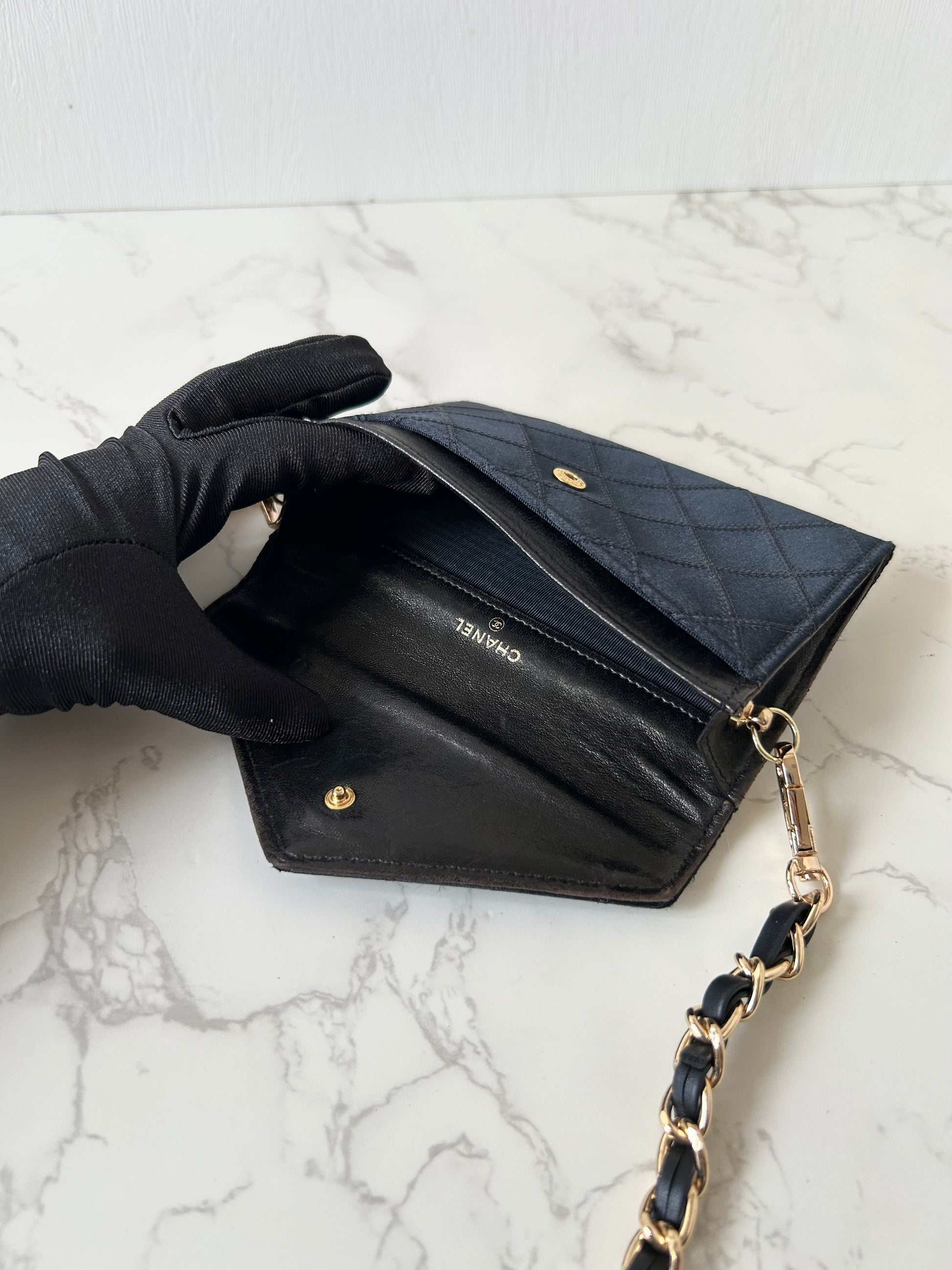 CHANEL Rare Black Satin Rhinestone Small Bag/Side Bag/Messenger Bag/Clutch Bag