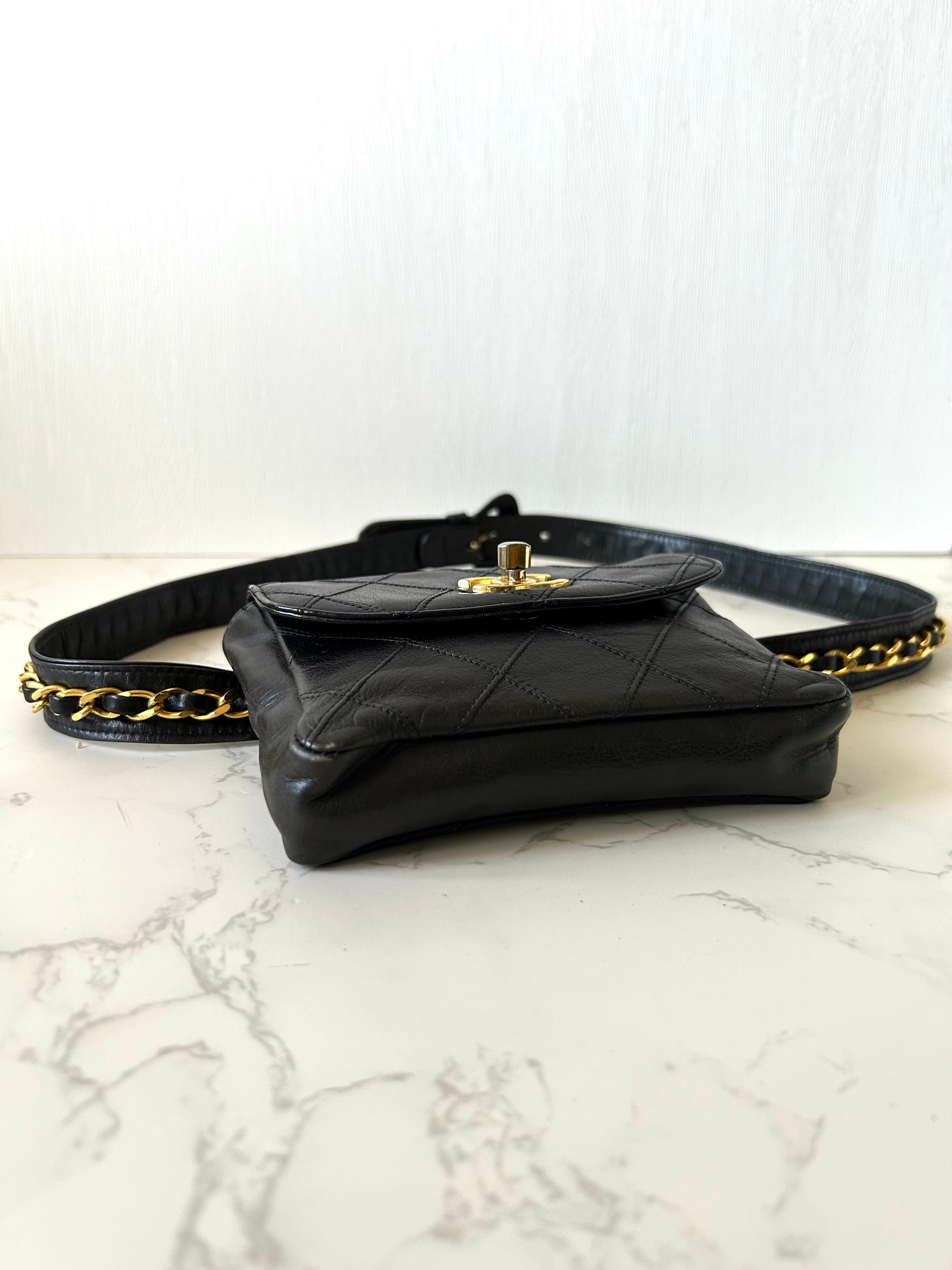 Rare CHANEL Matelassé Black Leather Gold Rotating Buckle Crossbody/Belt Bag/Shoulder Bag