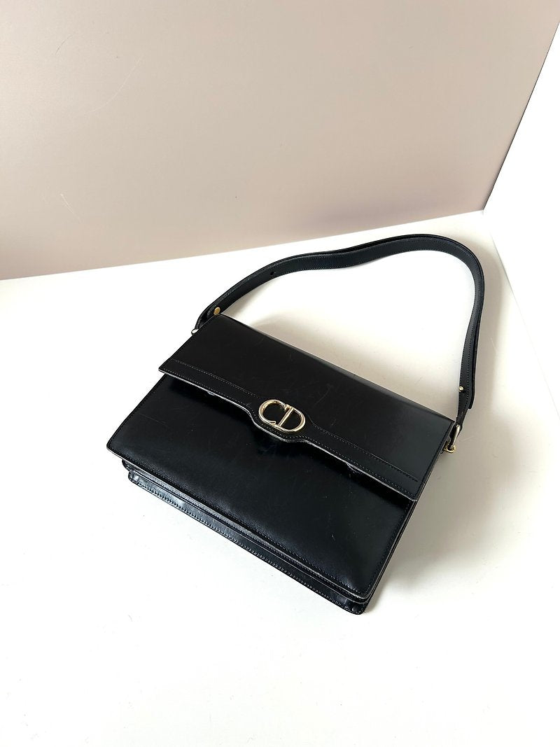 CHRISTIAN DIOR Rare black leather silver buckle flap side bag / short crossbody bag