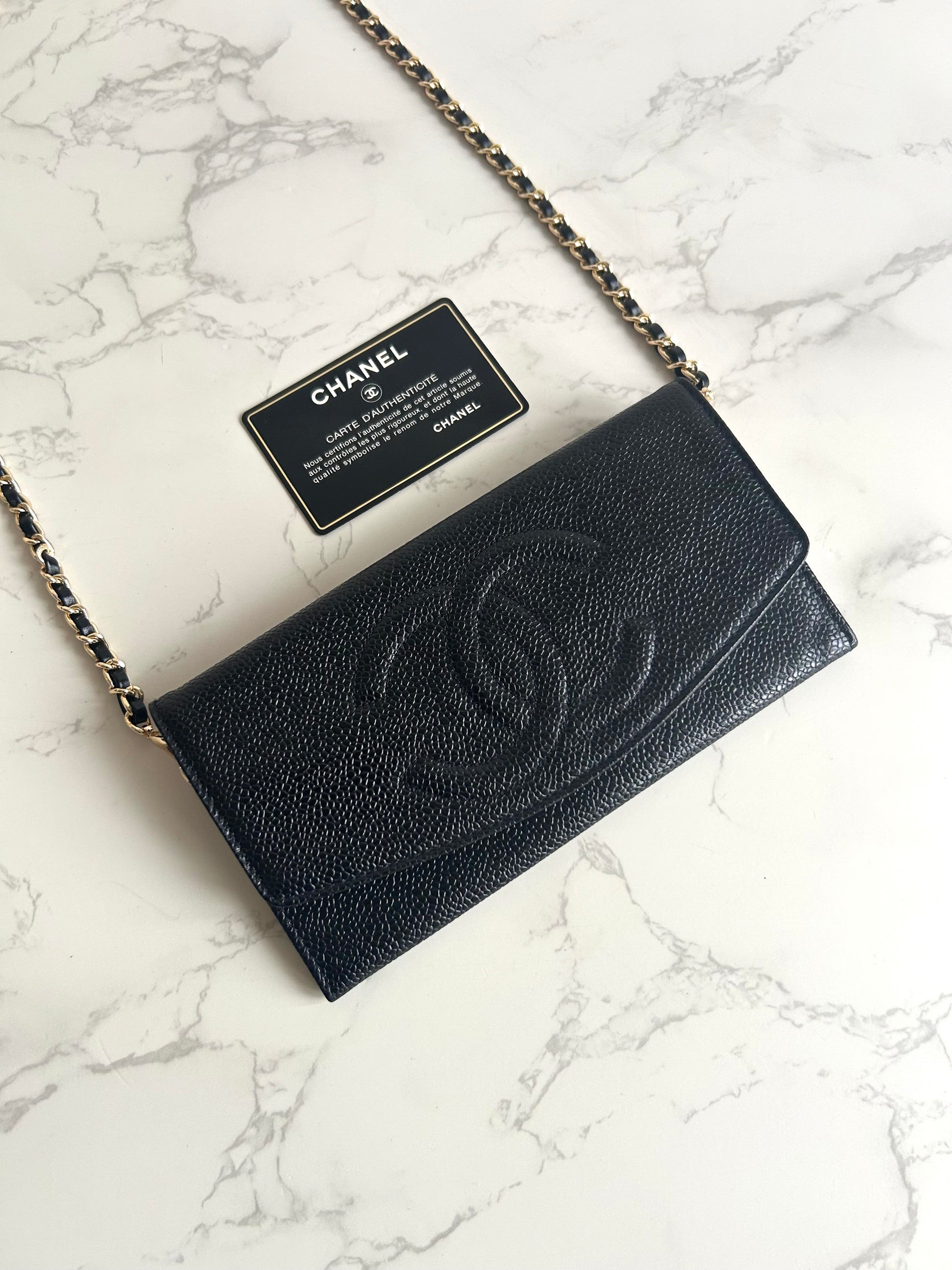 中古二手Chanel黑色魚子醬皮革WOC/側背包/斜背包/錢包