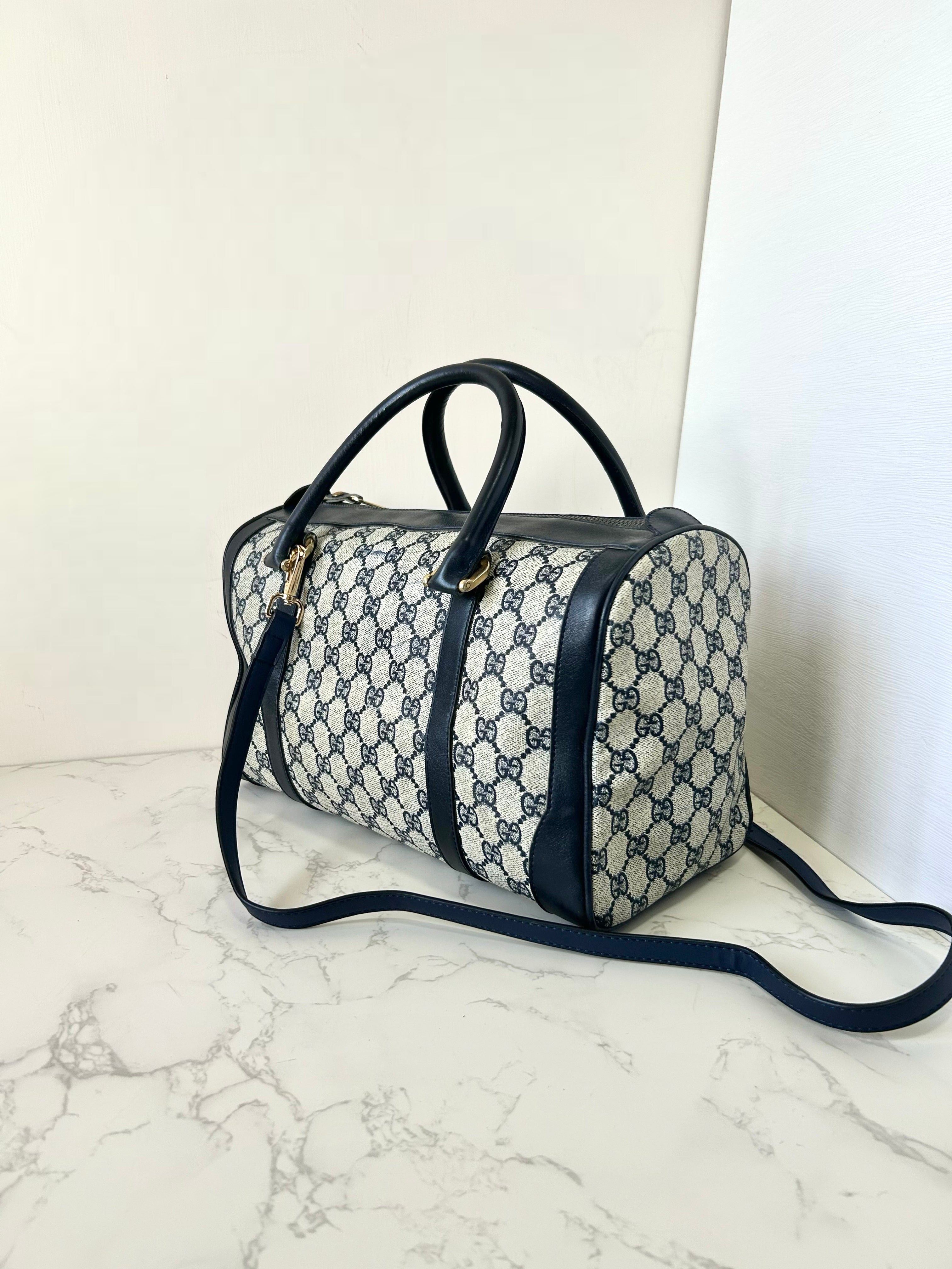 GUCCI rare blue and black old flower leather Boston bag / side bag / oblique bag