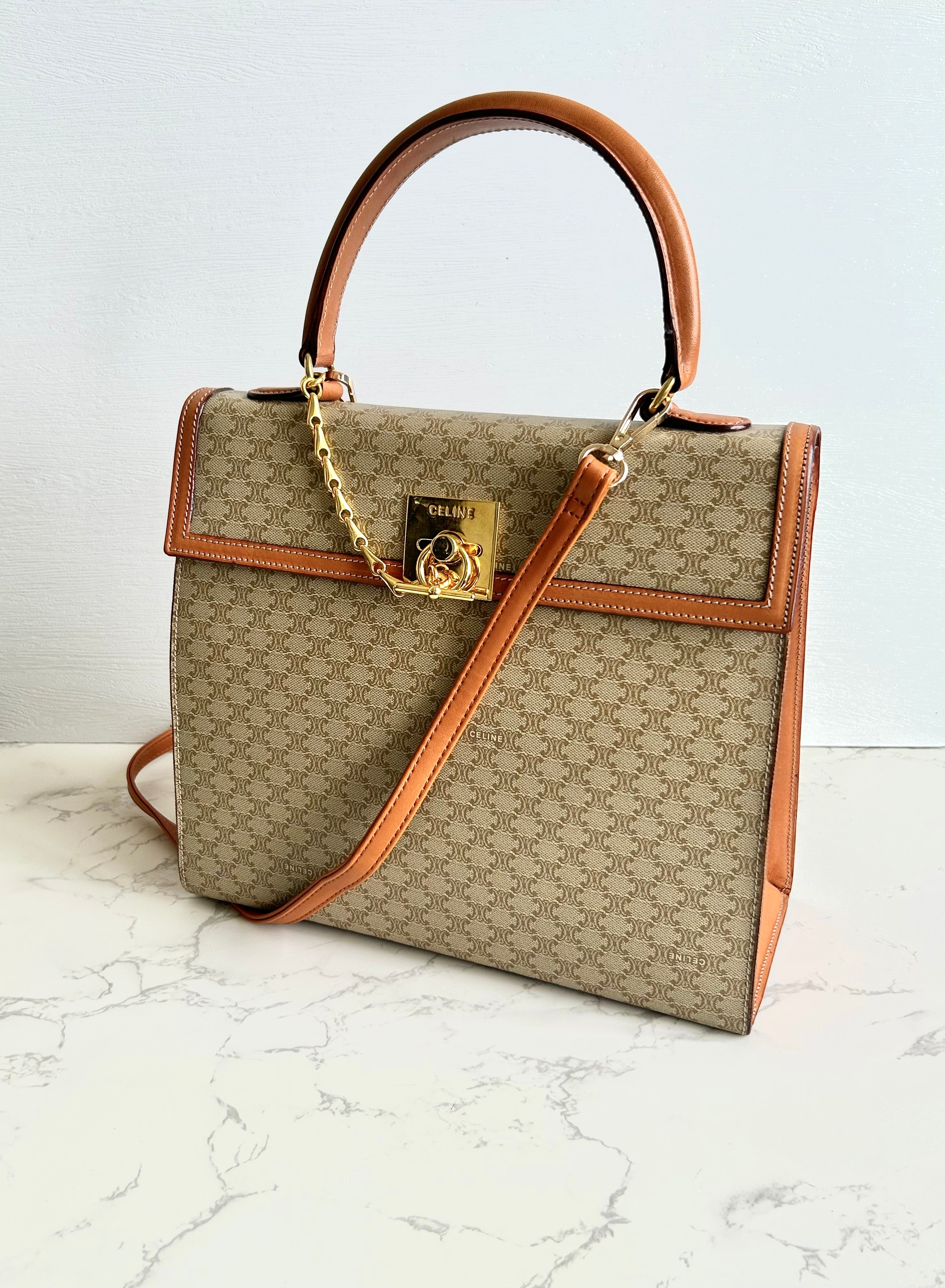 CELINE rare beige old flower Kelly side bag / oblique backpack / handbag