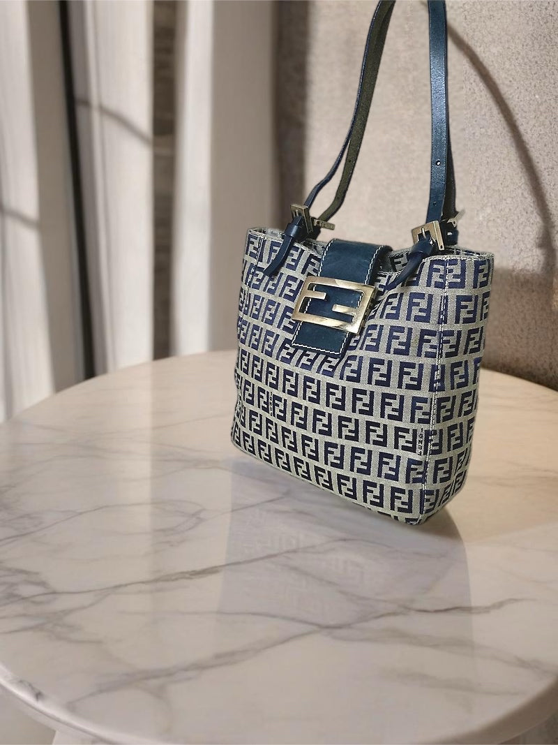 FENDI Zucchino blue and black old flower silver buckle small tote bag / underarm bag / side backpack
