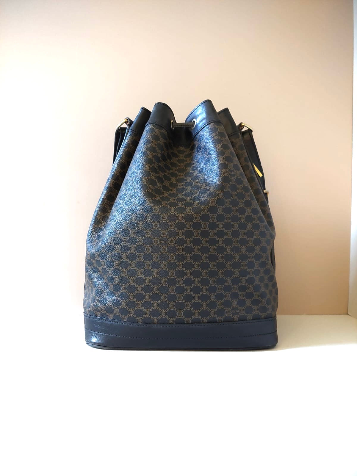 CELINE black monogram leather drawstring bucket bag/side bag