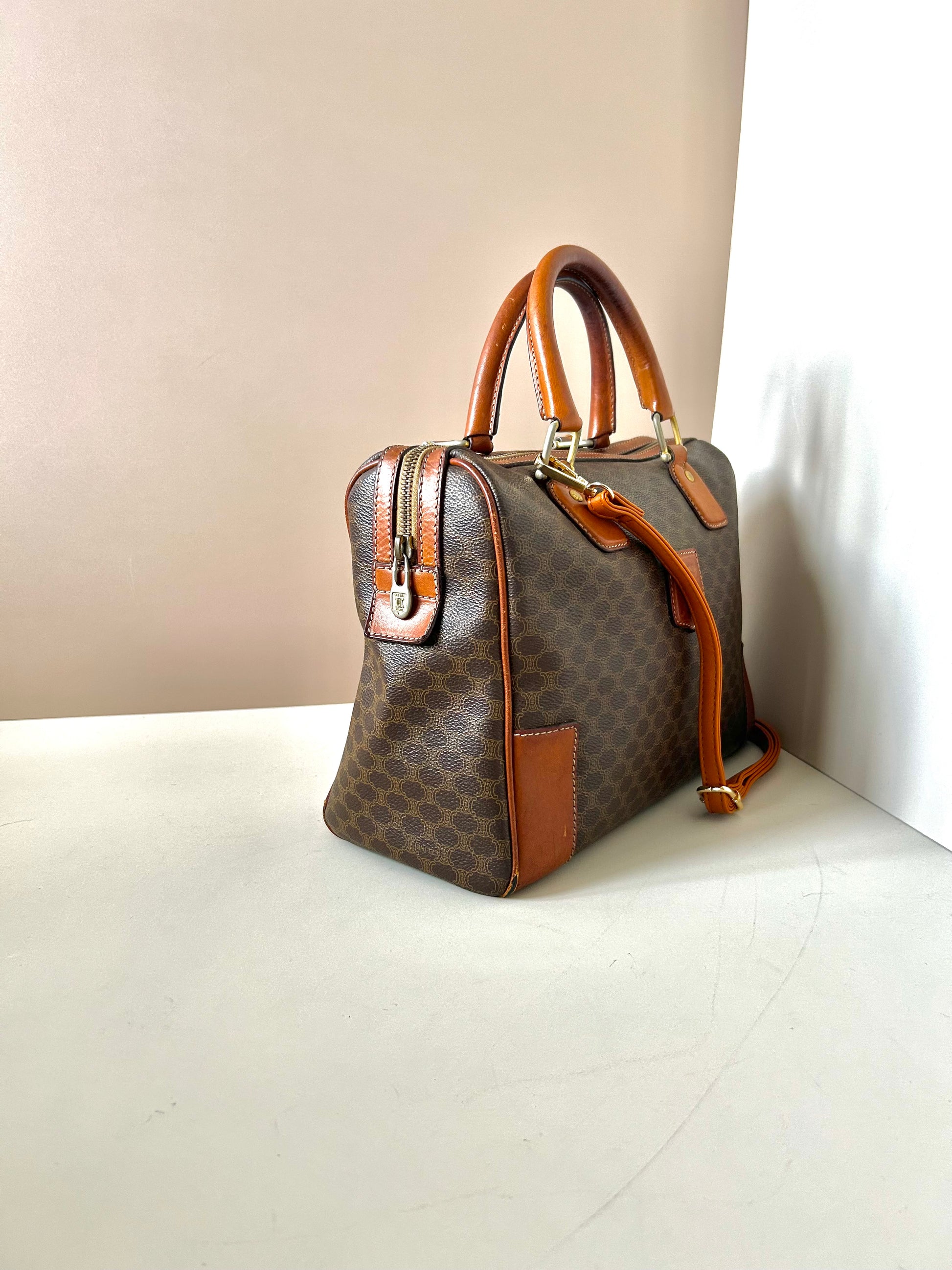 CELINE brown old flower leather Boston bucket bag/handbag/side bag/crossbody bag
