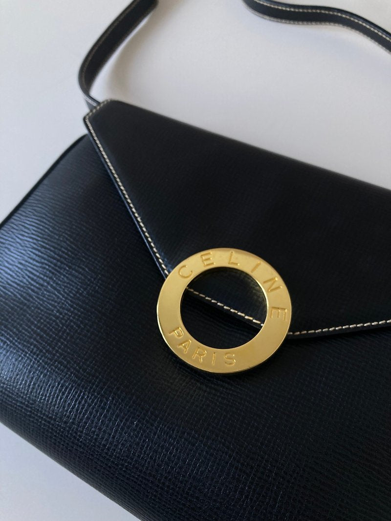 CELINE black large gold ring envelope leather small bag/side bag/crossbody bag