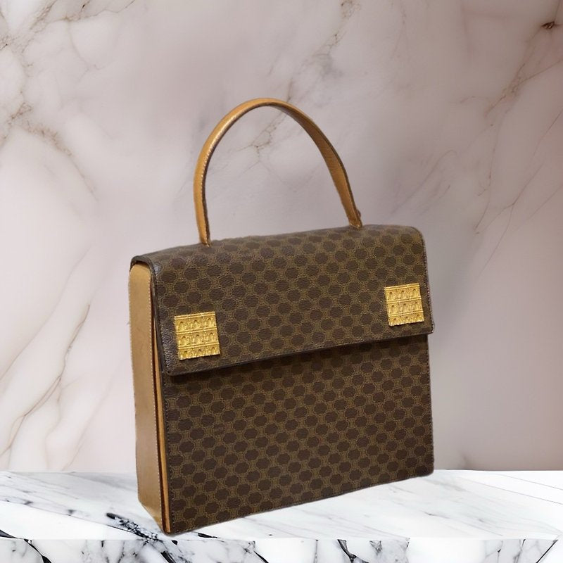 CELINE rare multi-Arc de Triomphe coffee color old flower gold buckle Kelly leather flap handbag