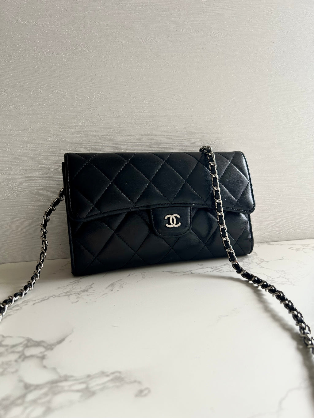 CHANEL Black Lambskin WOC Long Wallet / Side Bag / Crossbody Bag