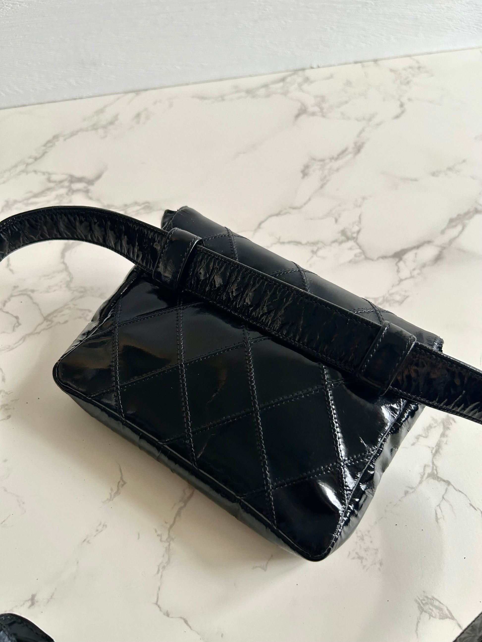 CHANEL rare black leather gold swivel buckle belt bag/side bag/clutch