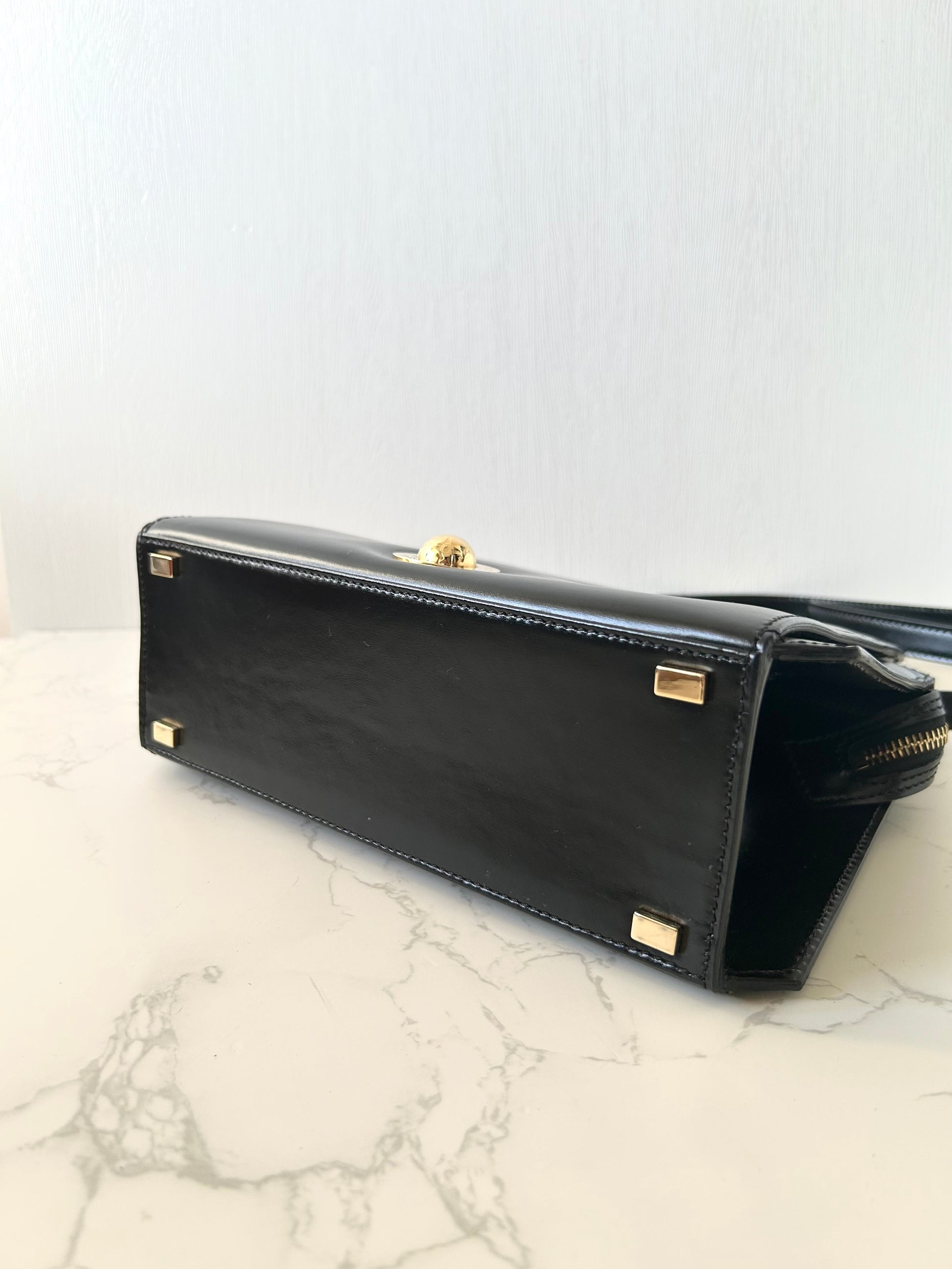 CELINE Rare Planet Black Gold Leather Kelly Handbag/Side Bag/Messenger Bag