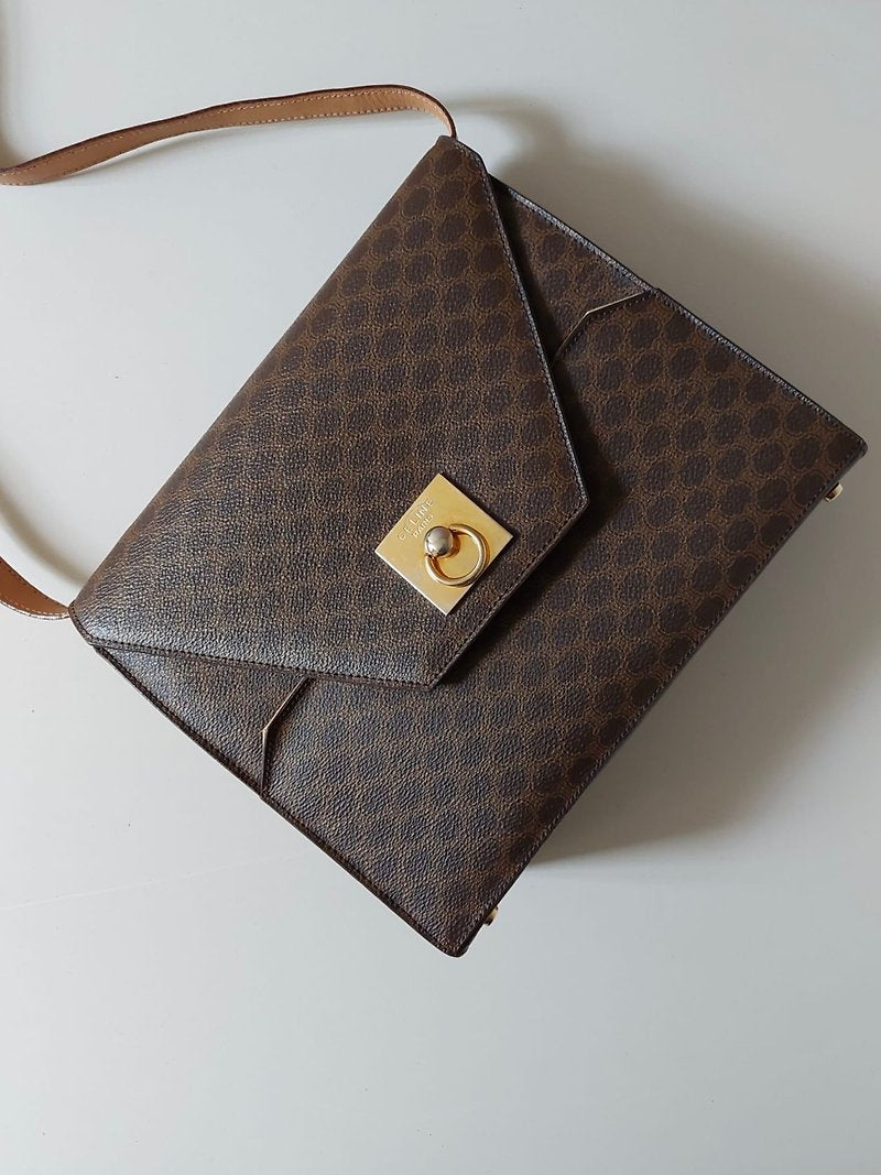CELINE 中古咖啡色老花信封盒子包/側背包/斜背包