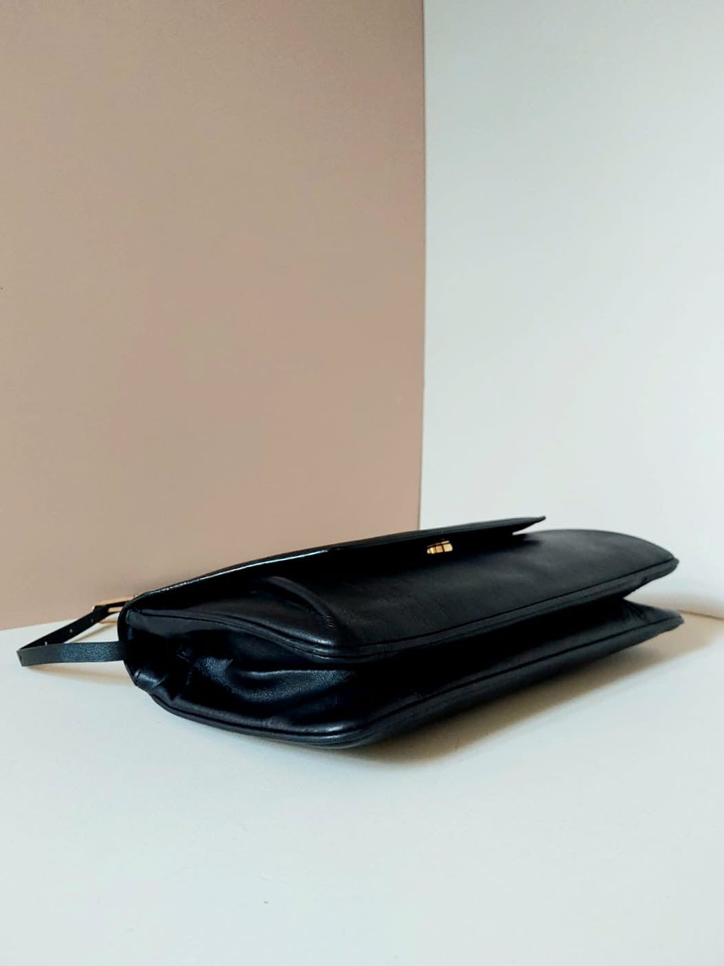 CELINE black leather gold Arc de Triomphe buckle envelope small bag / side bag / oblique bag 