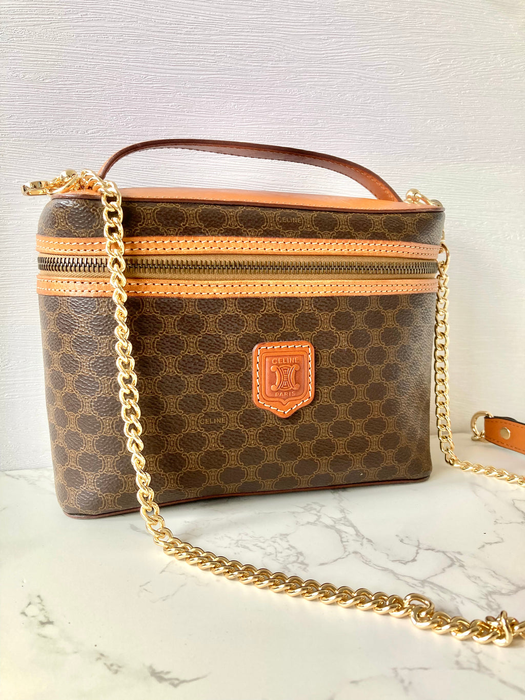 CELINE Brown Monogram Vanity Case / Crossbody Chain Bag