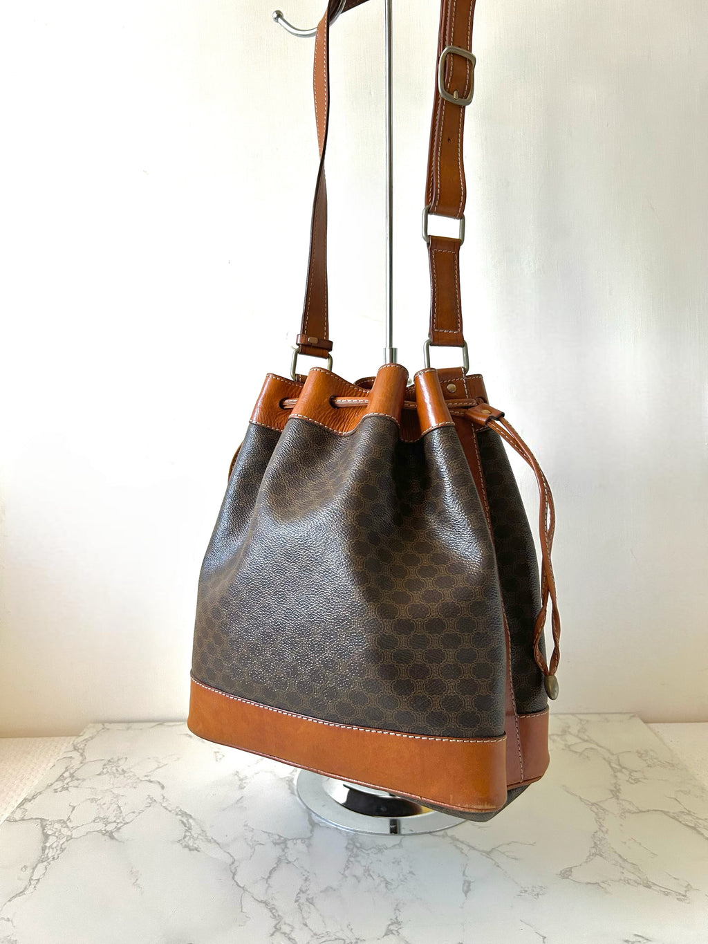 CELINE Brown Old Flower Leather Drawstring Bucket Bag / Side Bag