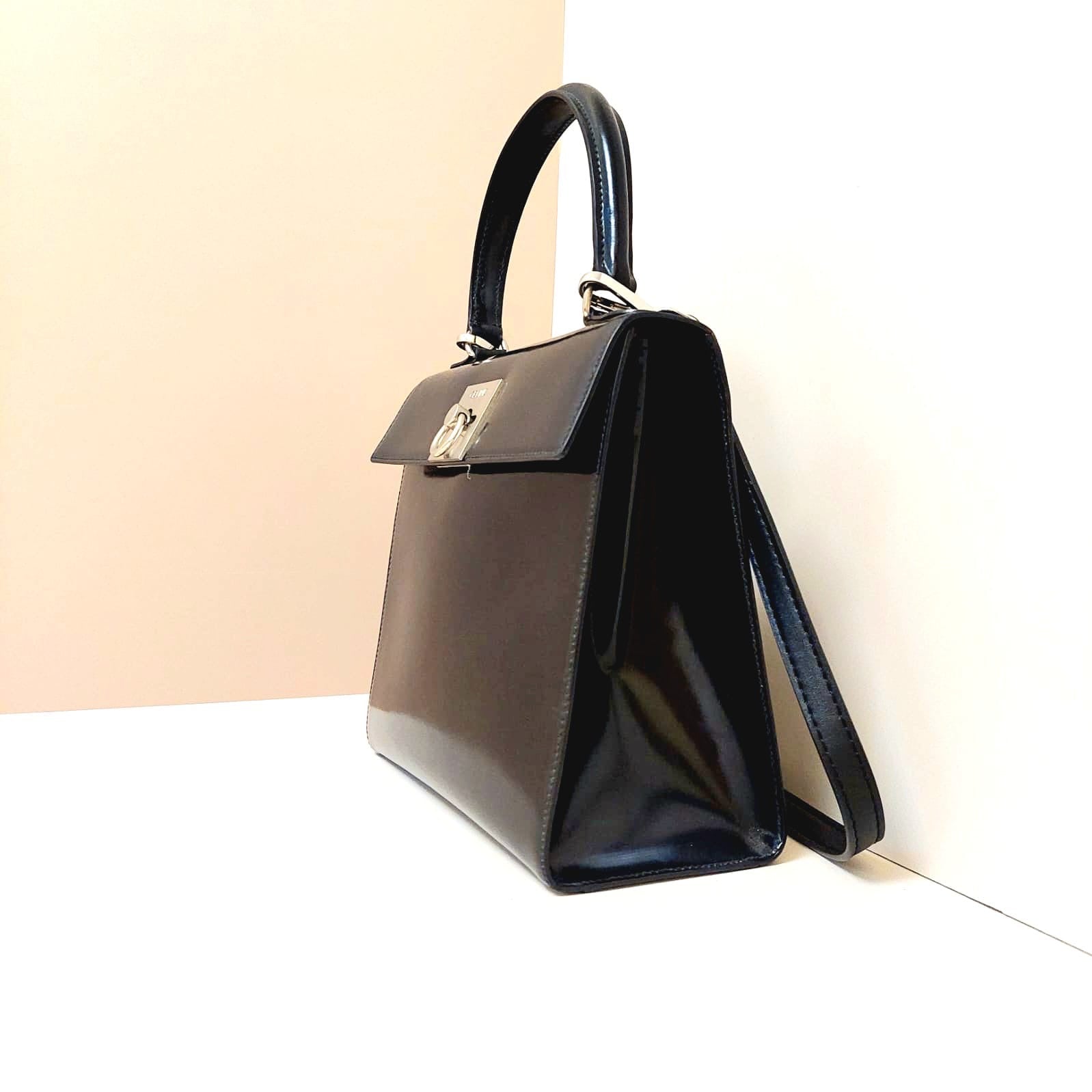 CELINE rare black silver buckle small Kelly handbag/side bag/crossbody bag