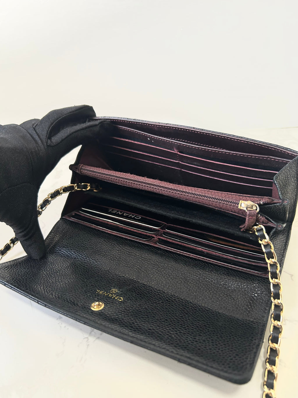 CHANEL Black Gold Caviar Leather WOC Side Bag/Messenger Bag/Long Wallet