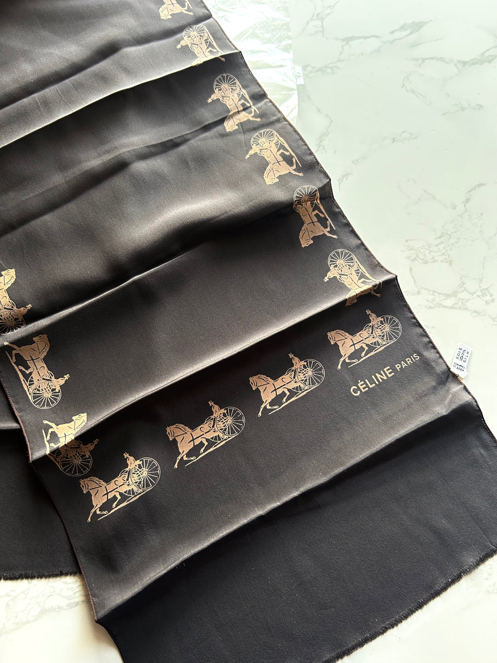 CELINE Dark Brown Carriage Print Silk Scarf/Shawl · New Year Gift