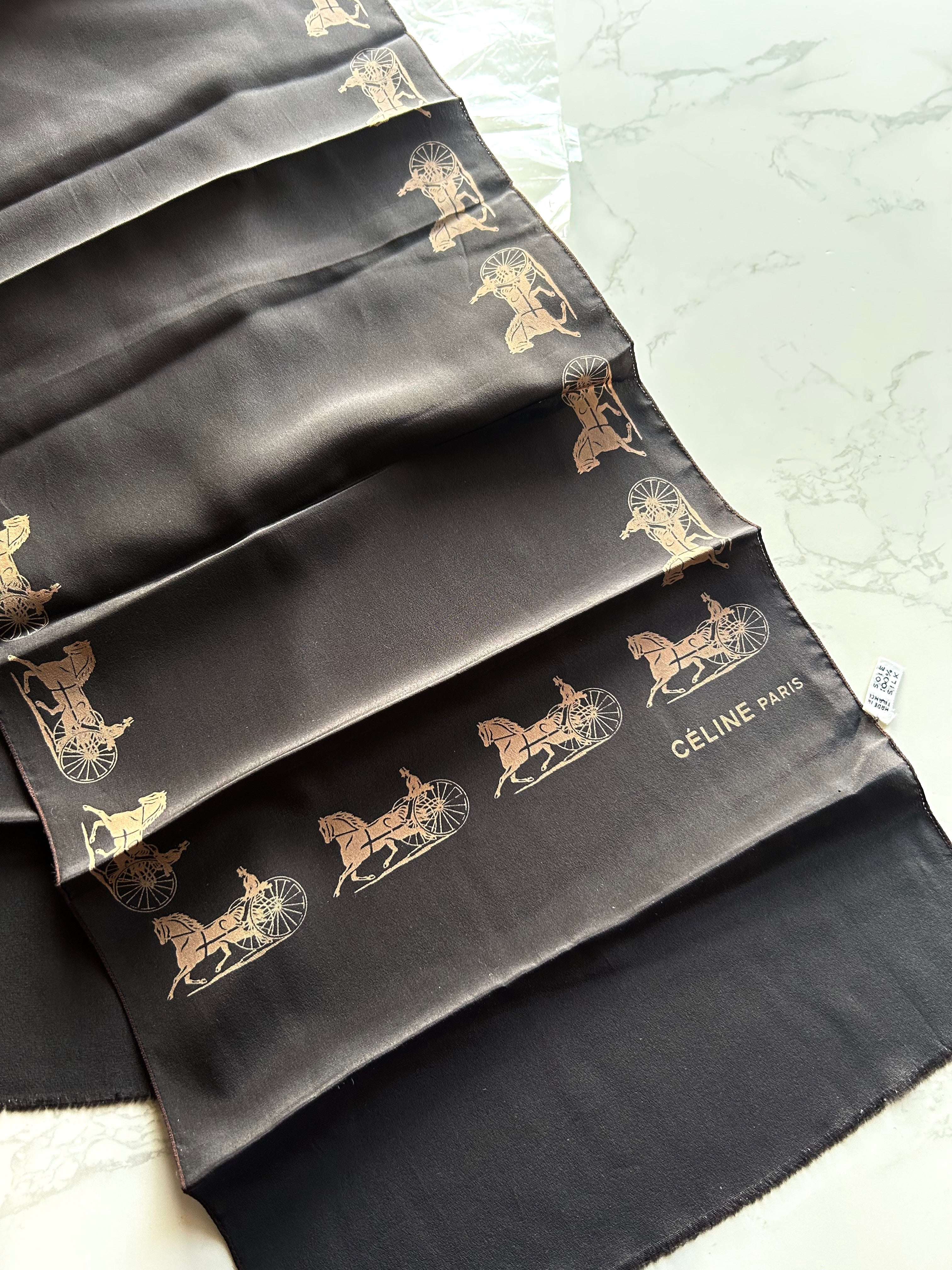 CELINE Dark Brown Carriage Print Silk Scarf/Shawl · New Year Gift