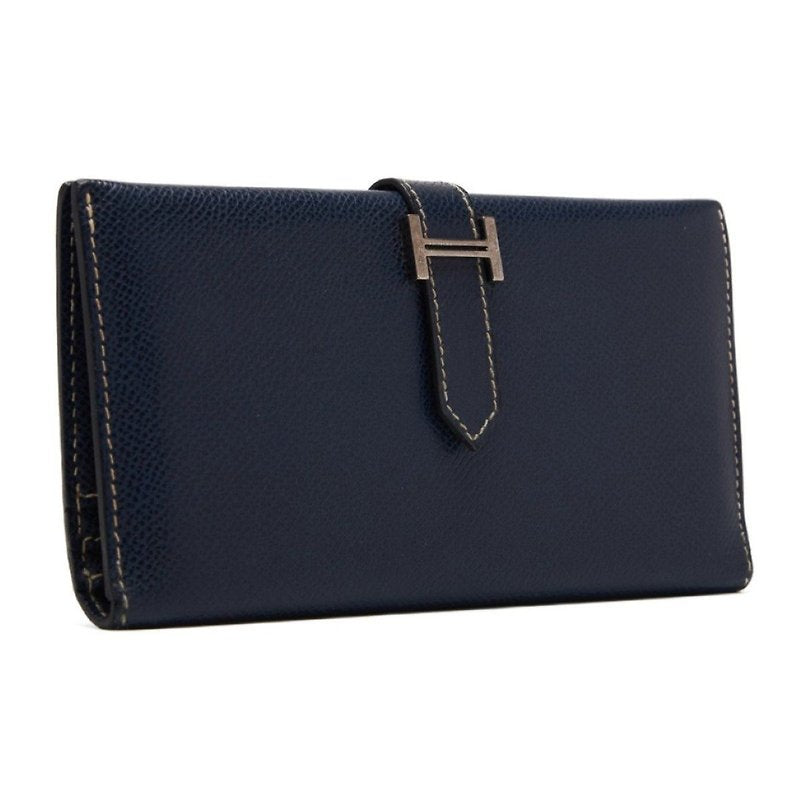 HERMES Bearn 藍黑色銀扣羊皮皮革長夾/錢包