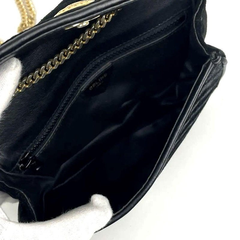 CELINE rare gold Arc de Triomphe badge black leather evening bag / side bag / oblique bag