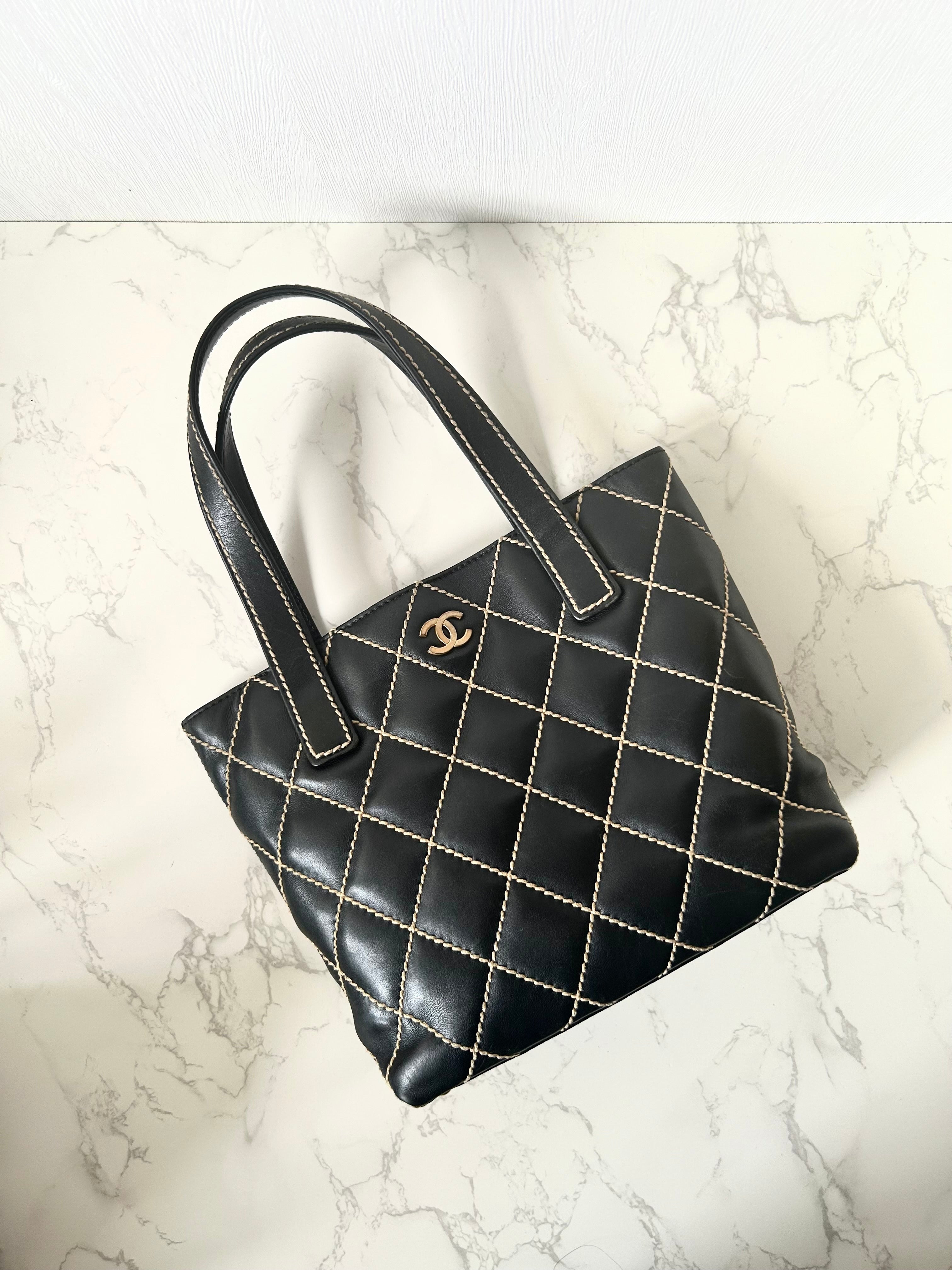 CHANEL Wild Stitch Vivian black gold label small tote bag / side bag