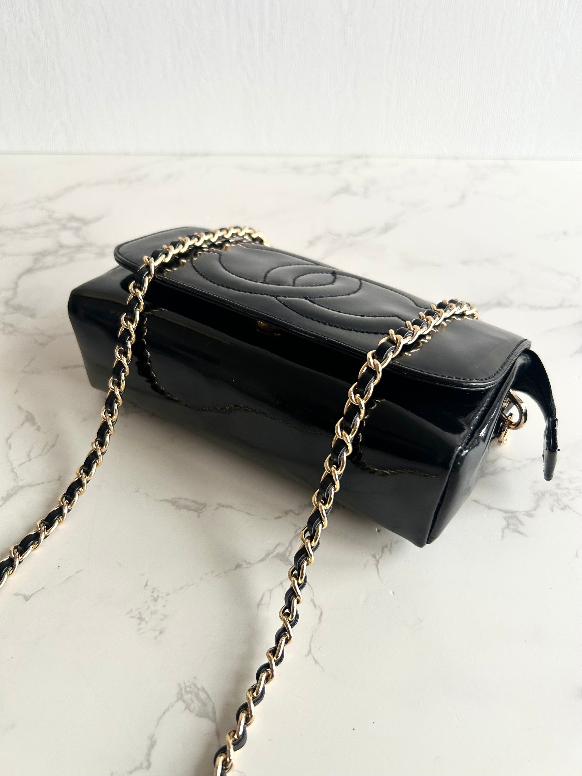 稀有中古Chanel 黑金色連鏡子斜背包 側背包