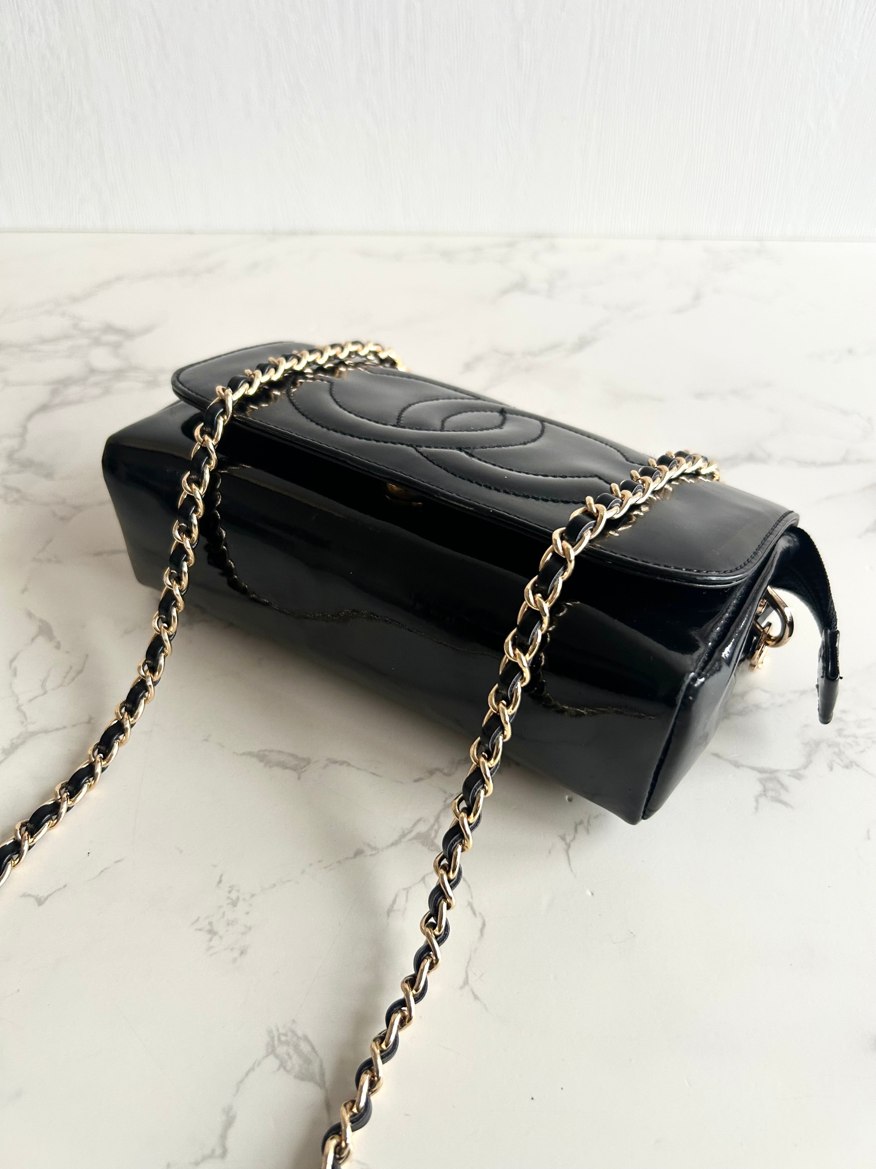 Rare Used Chanel Black and Gold Two-Way Crossbody Bag with Mirror