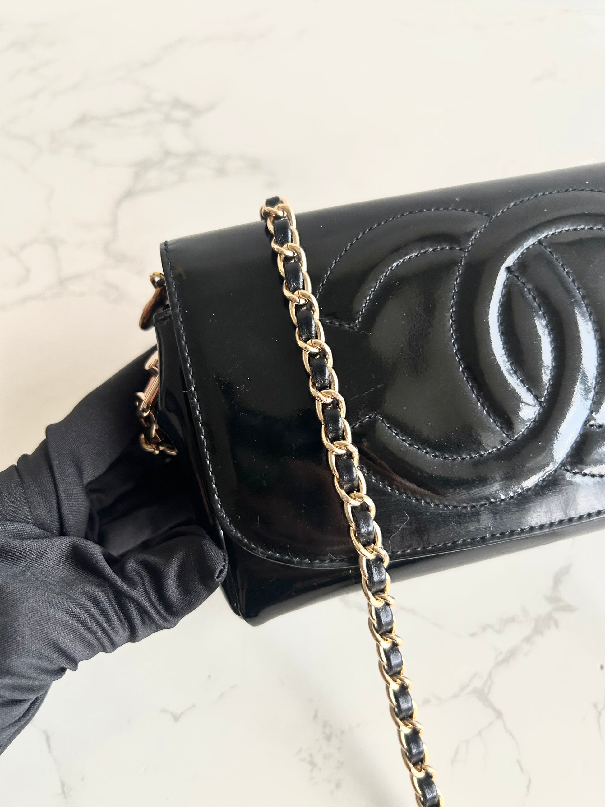 稀有中古Chanel 黑金色連鏡子斜背包 側背包