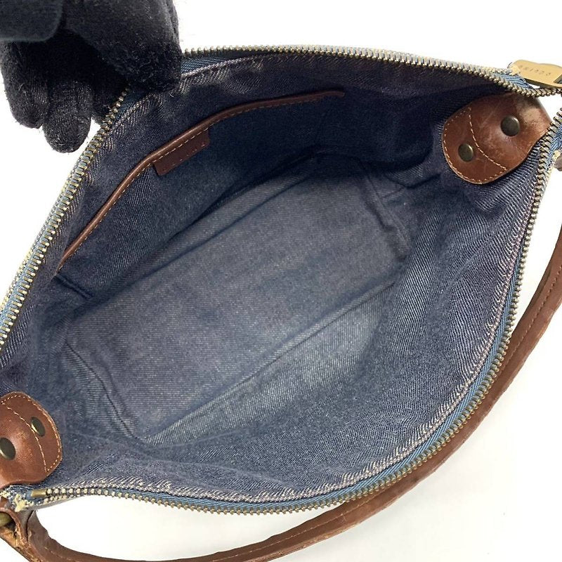 CELINE rare denim blue Arc de Triomphe old flower leather small bag / side backpack / underarm bag
