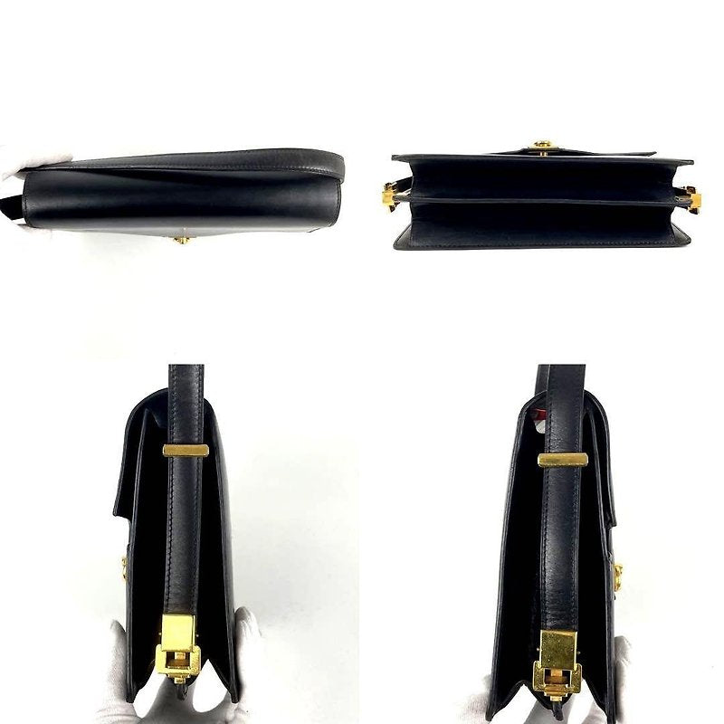 CELINE rare black gold buckle cowhide leather flap box small bag/side backpack/underarm bag
