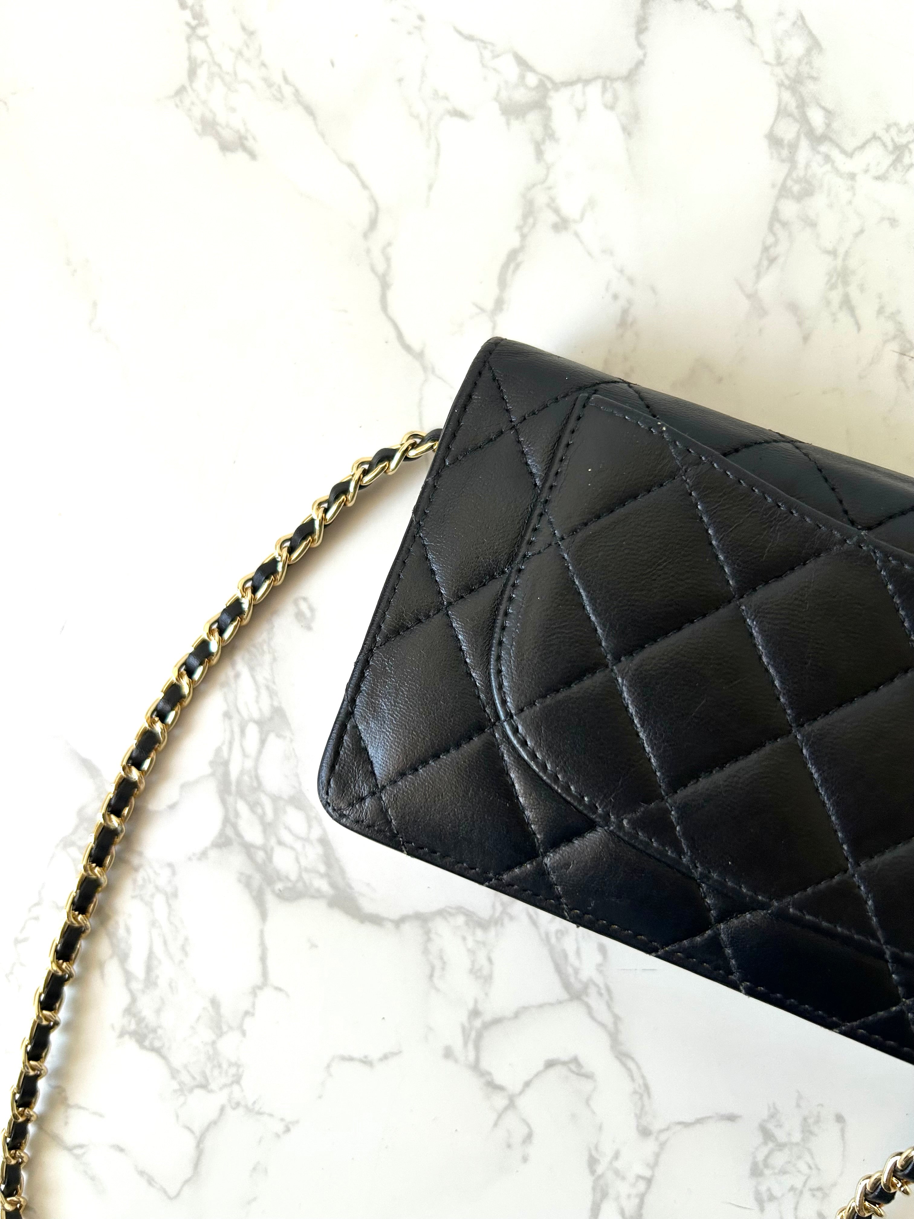 CHANEL black gold lambskin leather WOC long wallet/oblique bag/side bag