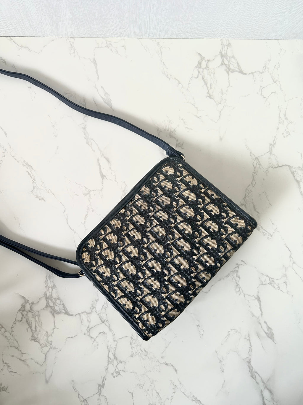 CHRISTIAN DIOR dark blue and black monogram shoulder bag / side bag / oblique bag