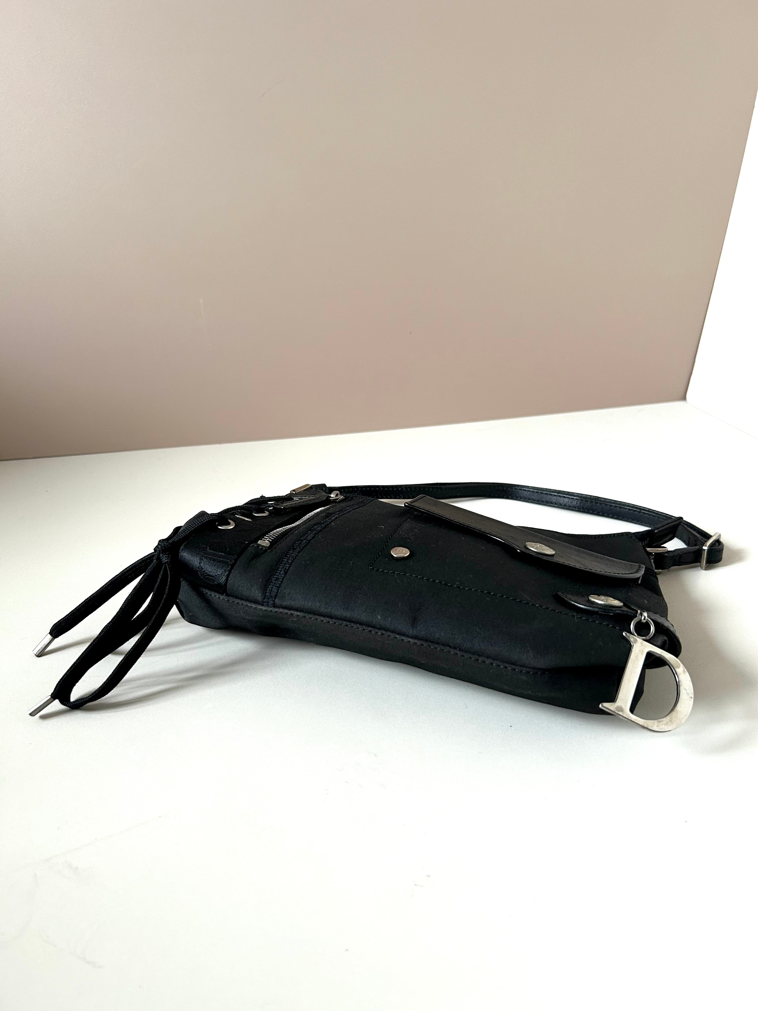 CHRISTIAN DIOR rare black silver buckle punk rope small bag/underarm bag/shoulder bag/side backpack
