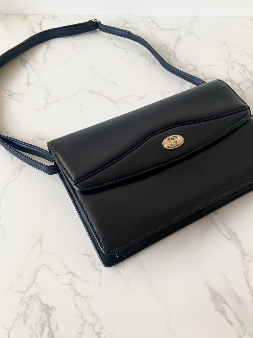 GUCCI Black x Gold Calf Leather Envelope Crossbody Bag