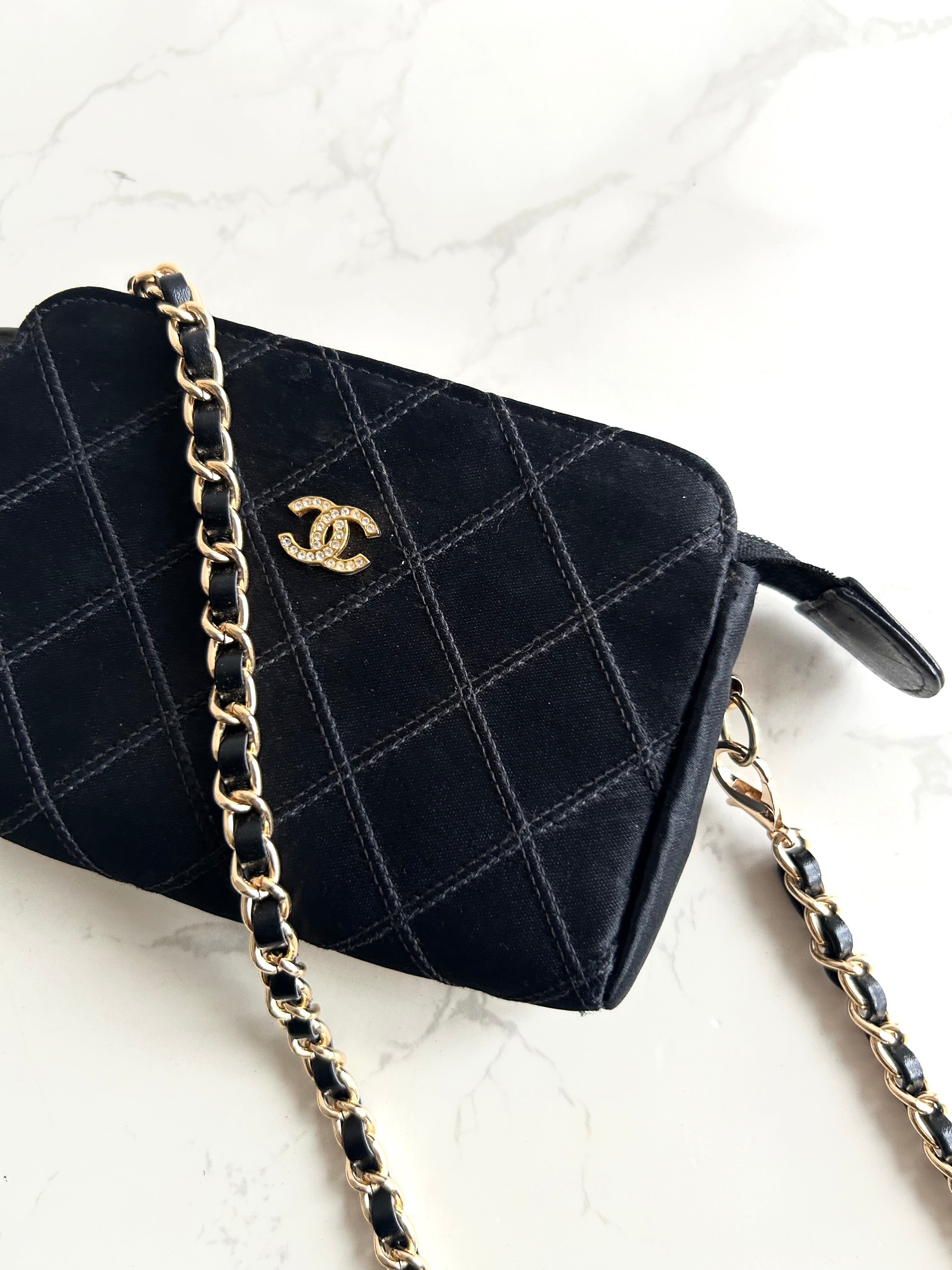 Rare Chanel Black and Gold Rhinestone Silk Bag/Shoulder Bag/Crossbody Bag