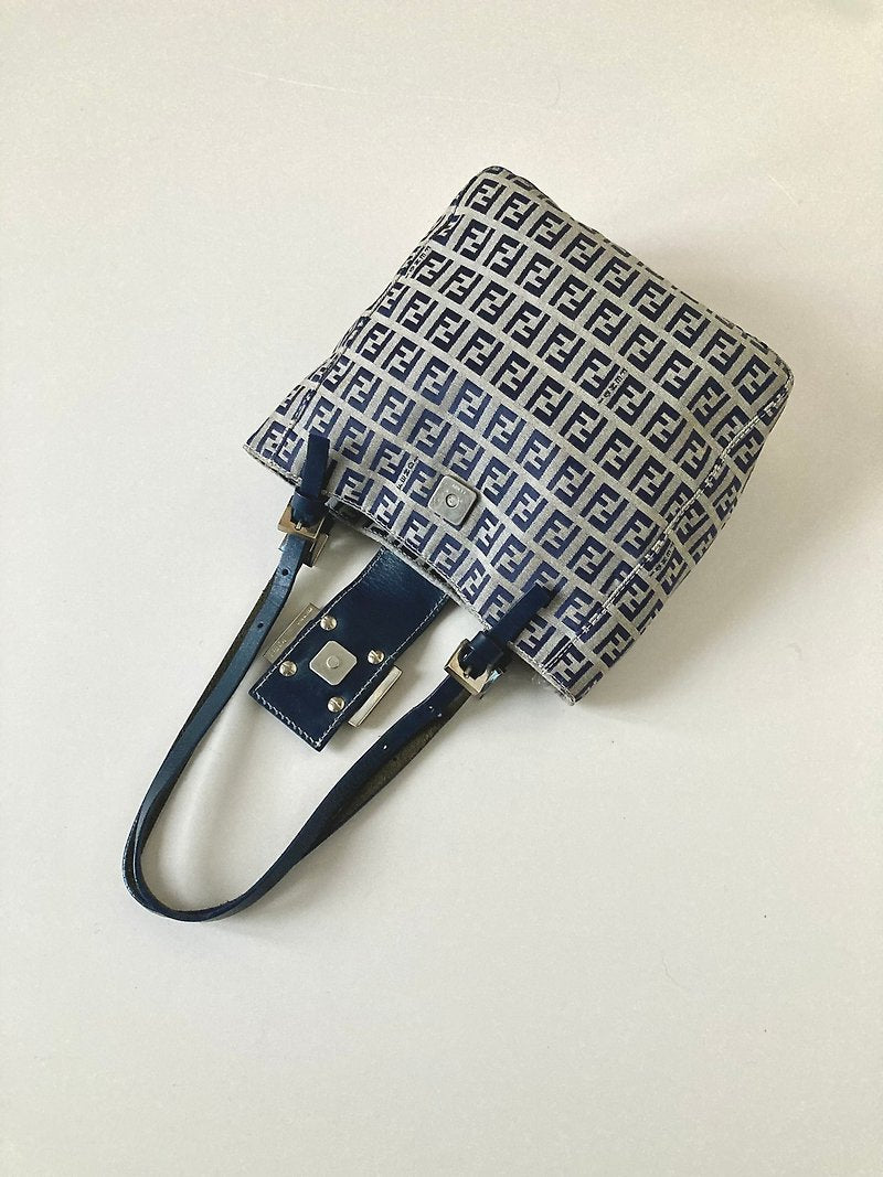 FENDI Zucchino blue and black old flower silver buckle small tote bag / underarm bag / side backpack