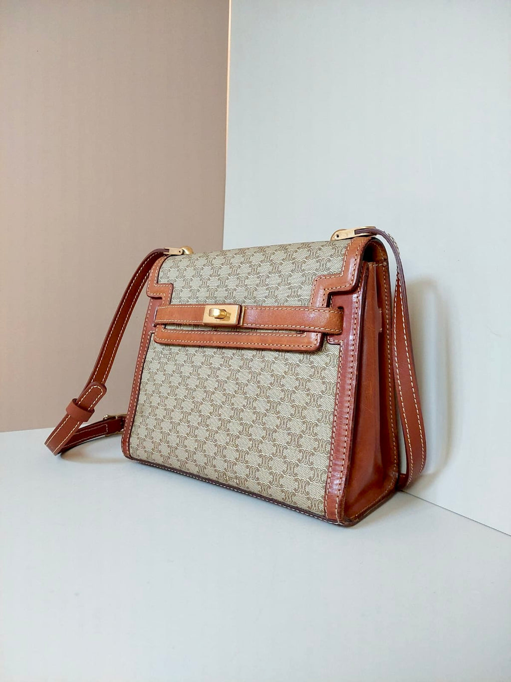 CELINE rare apricot old flower small Kelly / side bag / oblique bag