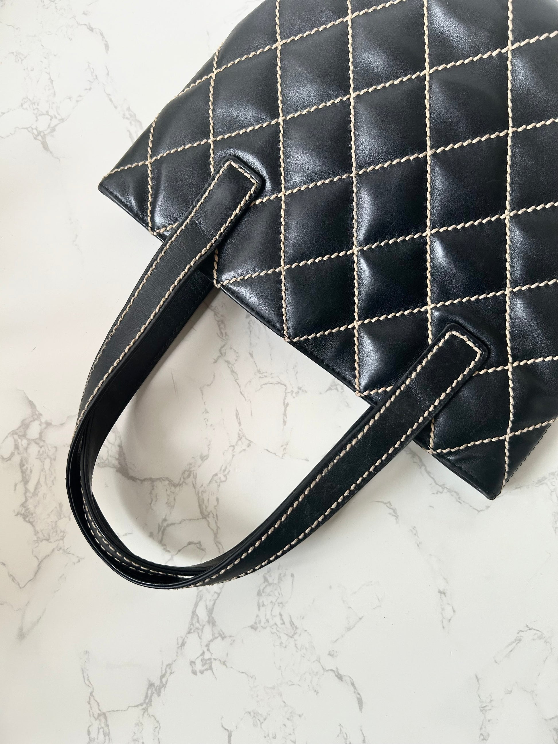 CHANEL Wild Stitch Vivian black gold label small tote bag / side bag