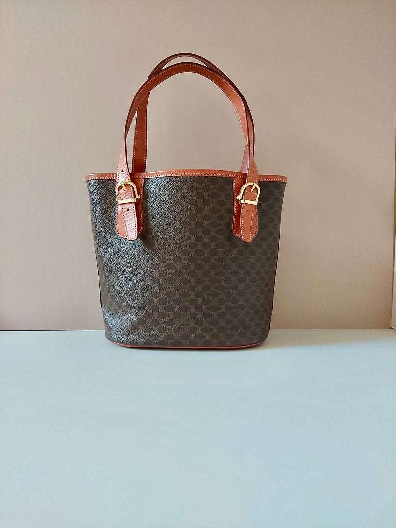 CELINE coffee brown old flower leather tote bag / side backpack / handbag