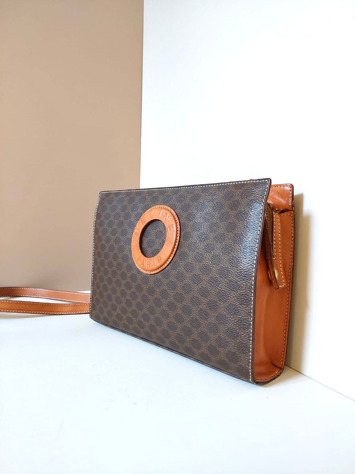 CELINE Large Ring Brown Old Flower Leather Side Bag / Crossbody Bag