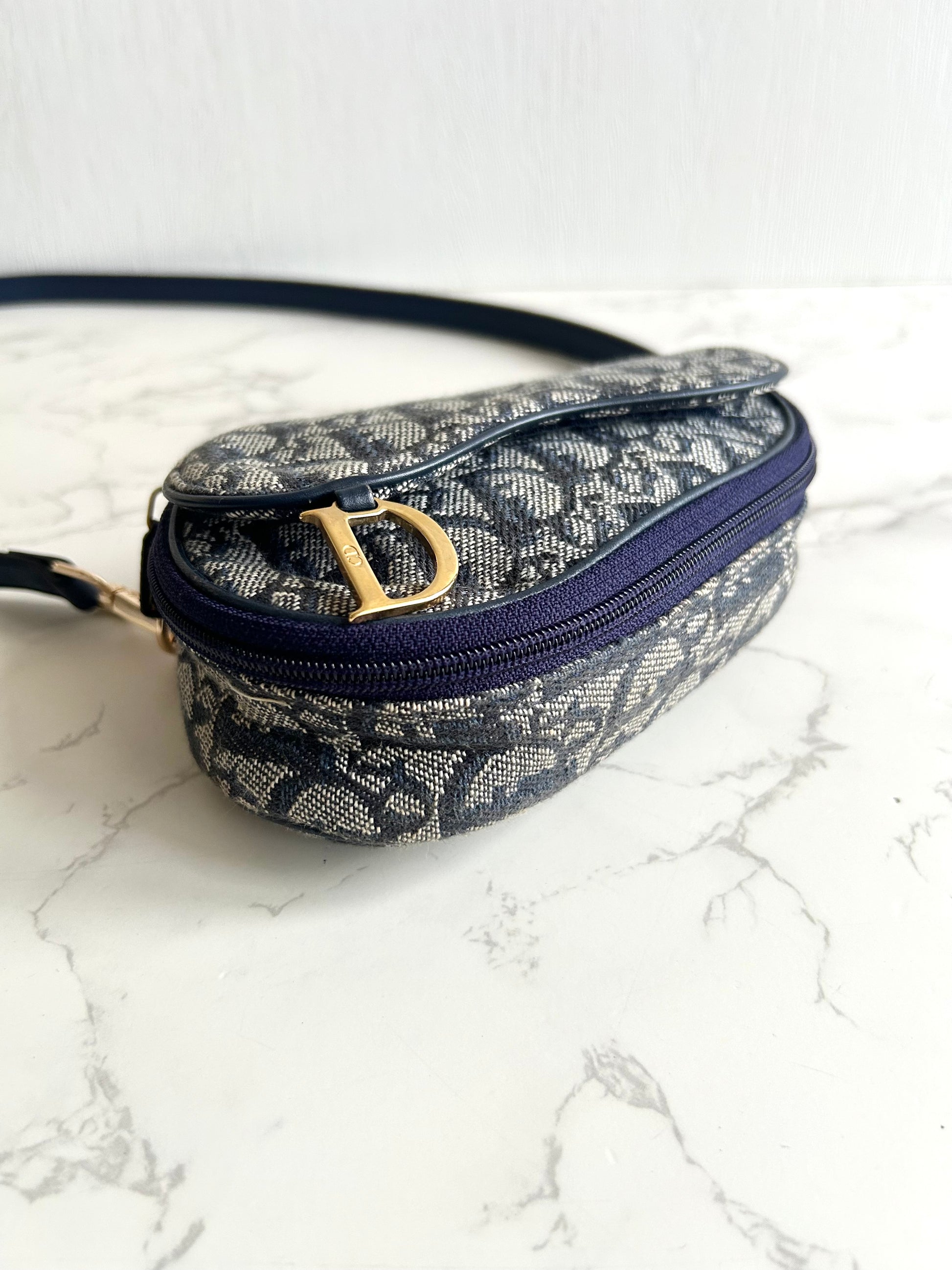 稀有中古Dior深藍老花馬鞍包 側背包 斜背包