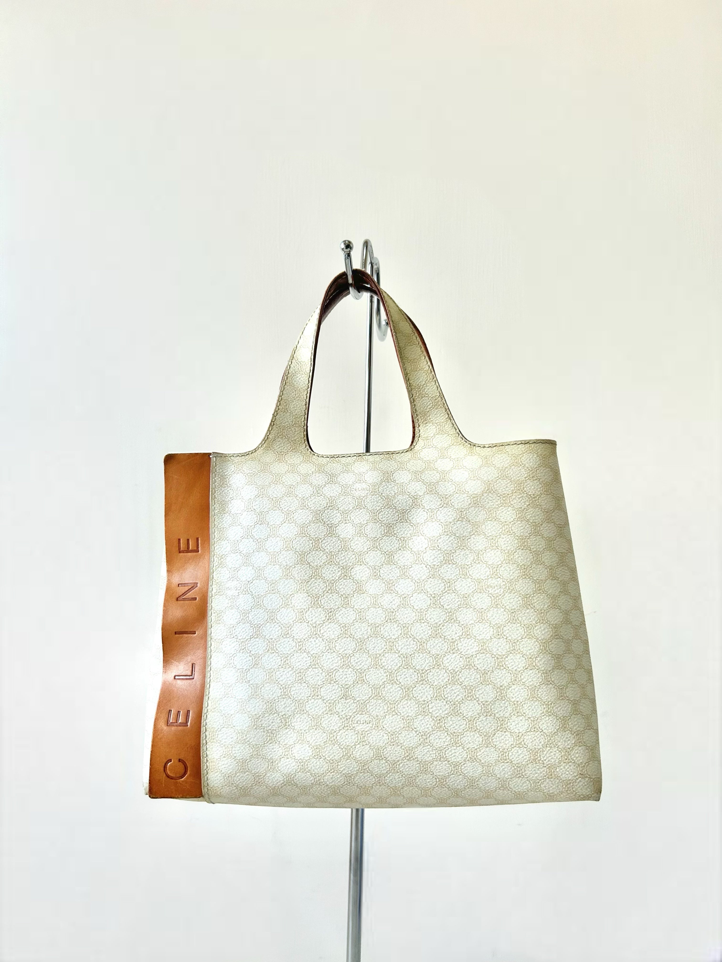 CELINE rare white old flower leather tote bag / handbag