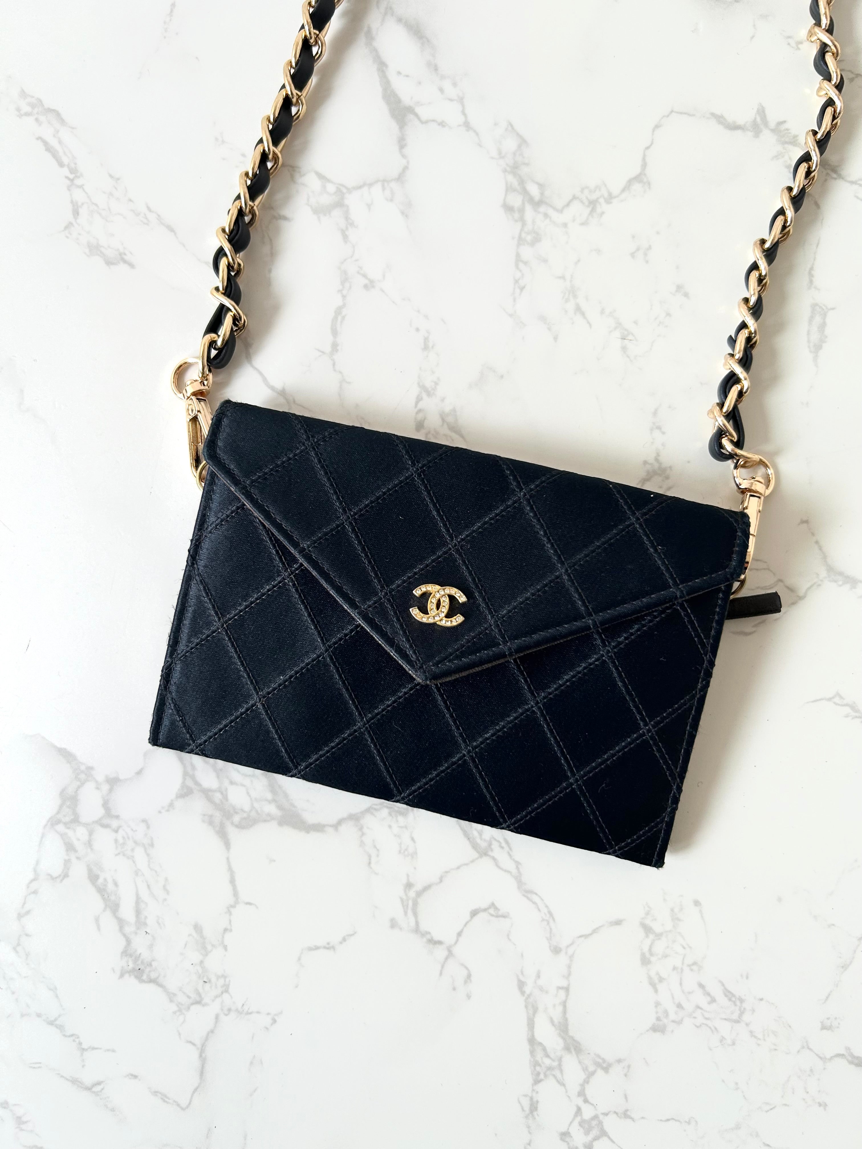 CHANEL Rare Black Satin Rhinestone Small Bag/Side Bag/Messenger Bag/Clutch Bag