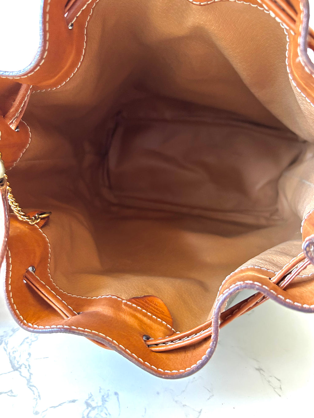 CELINE Brown Old Flower Leather Drawstring Bucket Bag / Side Bag