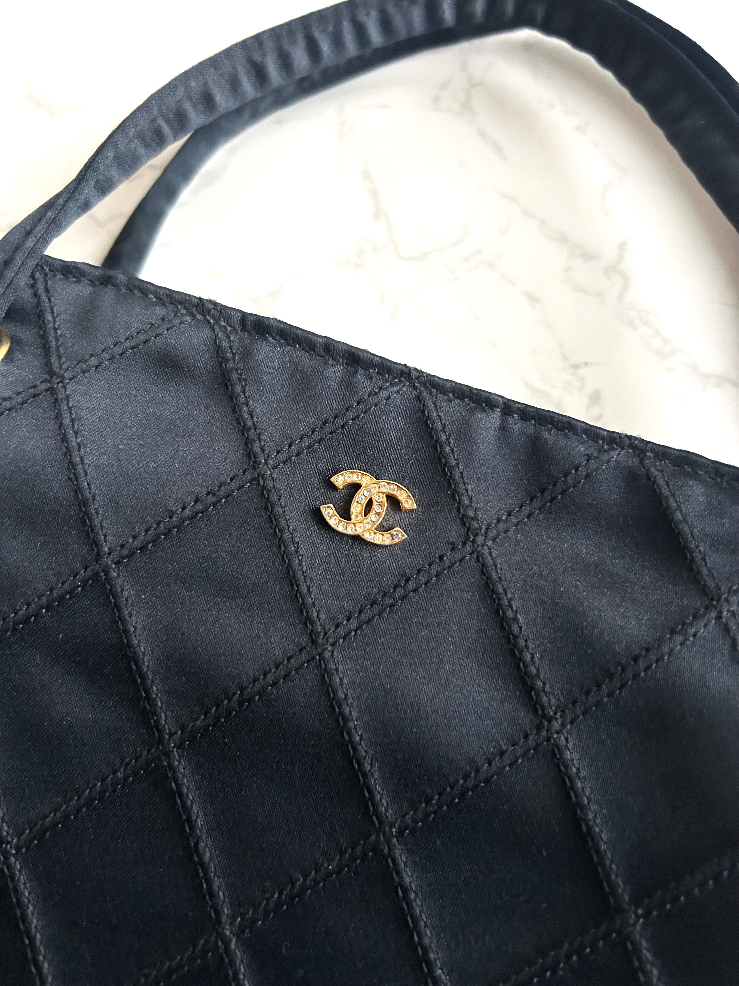 Rare Chanel Vintage Silk Rhinestone Black Matelassé Tote Bag