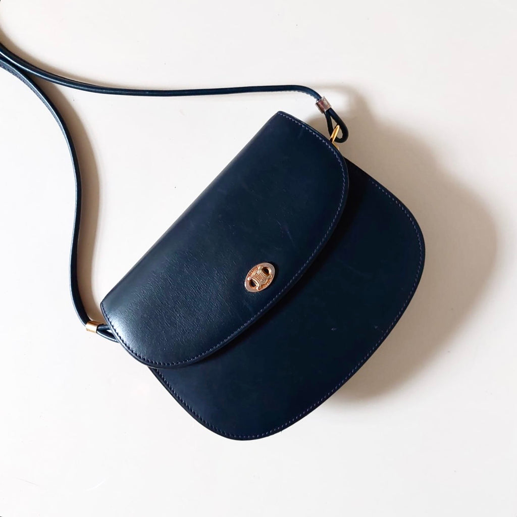 CELINE Blue Gold Arc de Triomphe Half Moon Leather Bobby Small Bag / Side Bag